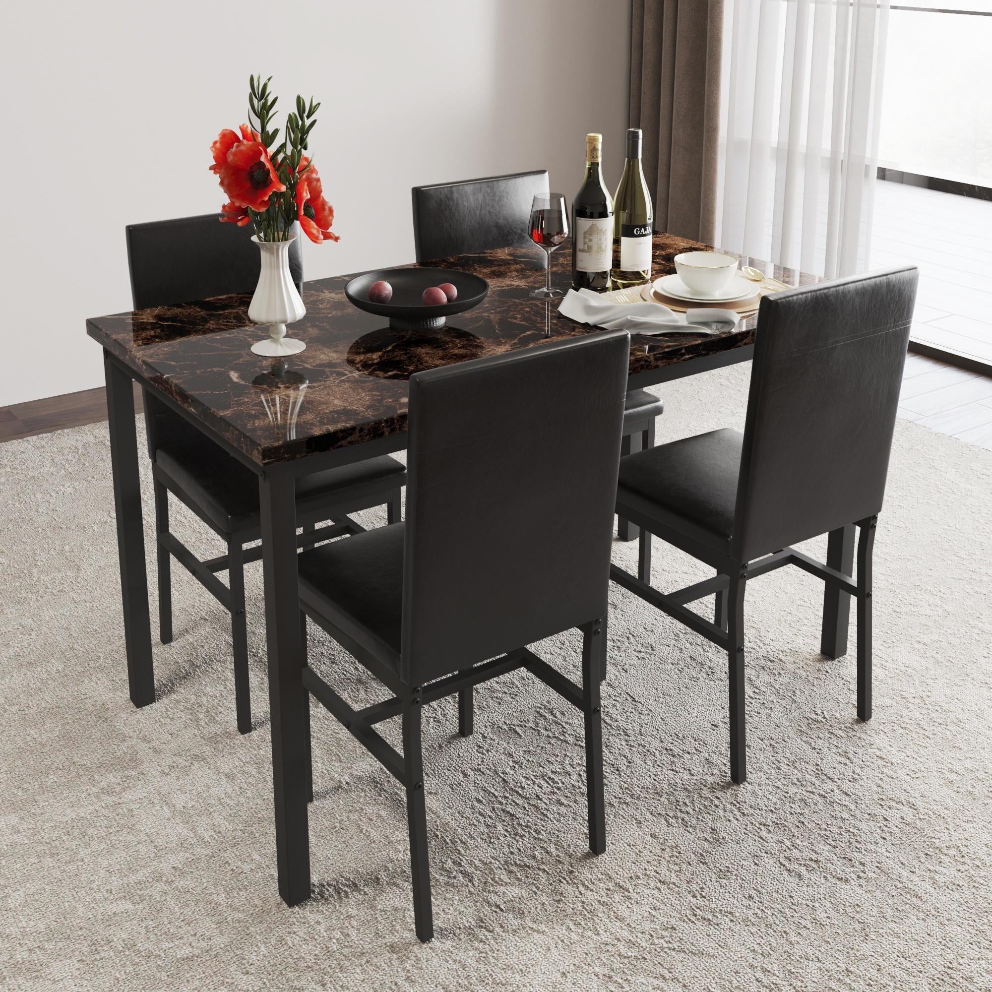 Dining Table Set for 4,  Wood Dine Table with 4 Velvet Chairs, Modern Kitchen Table Set for Home, Breakfast Nook, Cafeteria Dining Room, JA4366
