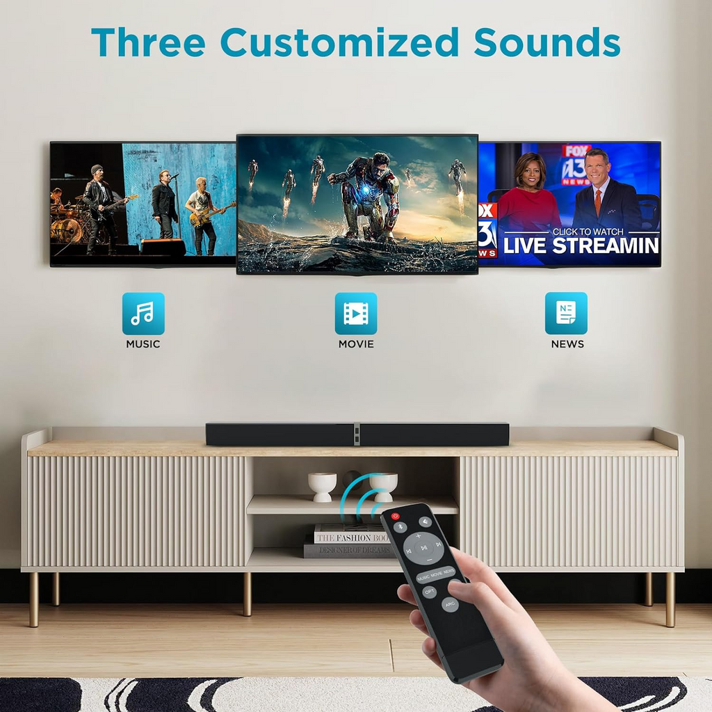 VEAT00L 2.1ch Sound Bars for TV, Soundbar with Subwoofer, Wired & Wireless Bluetooth 5.0 3D Surround Speakers, Optical/HDMI/AUX/RCA/USB Connection, Wall Mountable, Remote Control