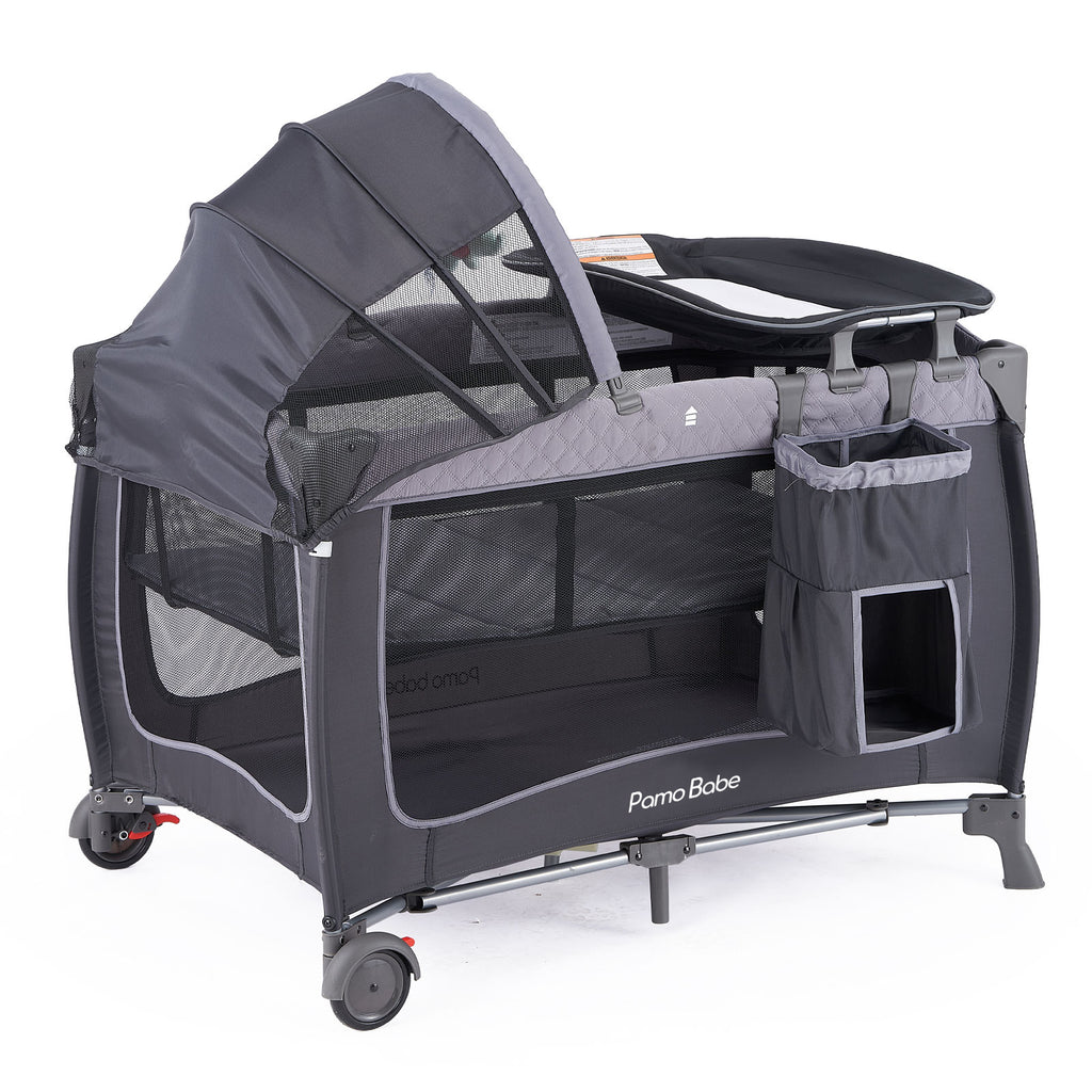 Pamo Babe Unisex Portable Baby Play Yard Include Wheels, Canopy, Changing Table for Newborn(Grey)