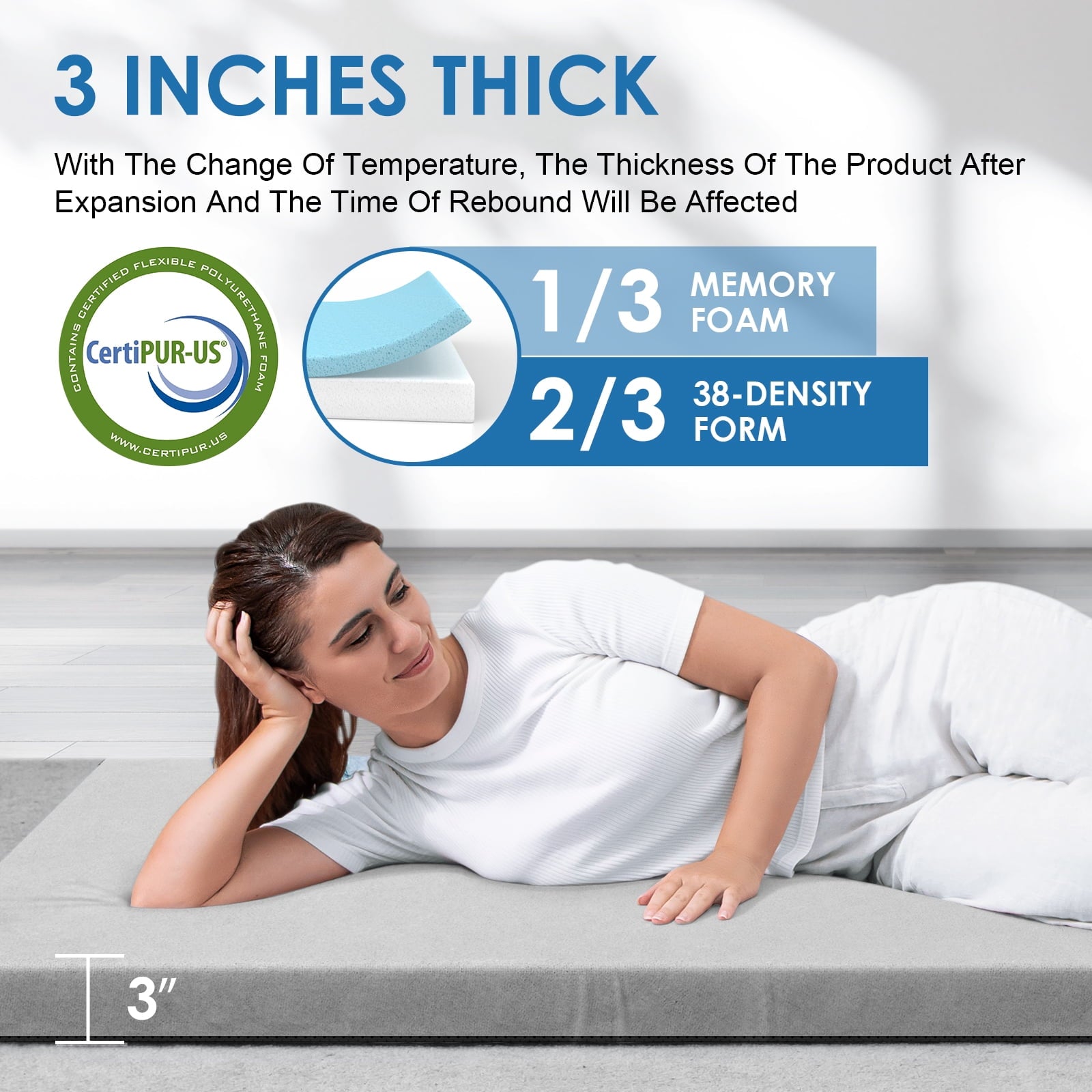 KingChii CertiPUR-US 3" Thick Memory Foam Mattress, Sleeping Bed for Kids Adults,Portable Roll up Sleeping Mats with Removable Waterproof Topper Travel Bag,TWIN/75*38*3 In