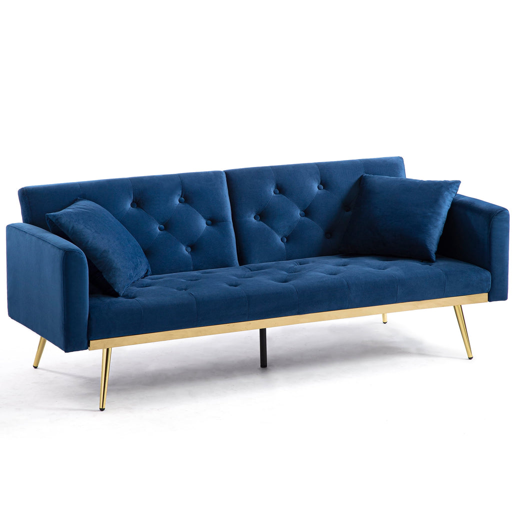 uhomepro Modern Futon, Velvet Sofa Bed, Mid Century Sofa with Metal Legs, 2 Pillows, Love Seat Living Room Furniture for Small Space Office, Beige