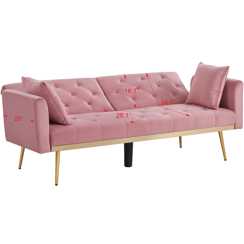 uhomepro Modern Futon, Velvet Sofa Bed, Mid Century Sofa with Metal Legs, 2 Pillows, Love Seat Living Room Furniture for Small Space Office, Beige