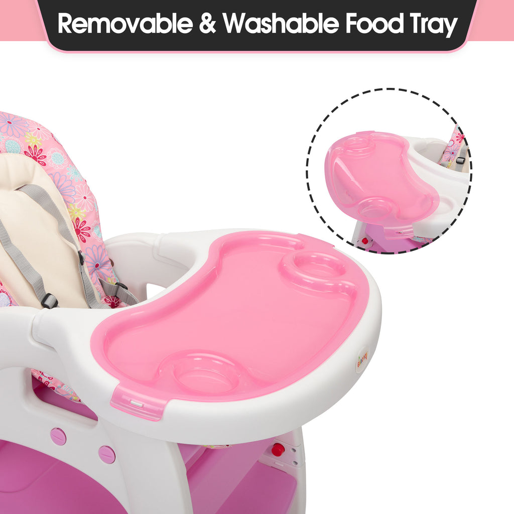 TOBBI 3 in 1 Baby High Chair Convertible Toddler Table Chair Set, Play Seat Booster with Feeding Tray, Adjustable Seat Back, Pink