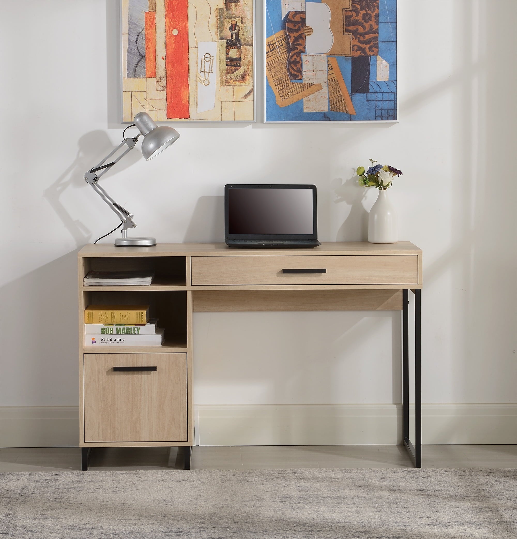 Mainstays Wood & Metal Writing Desk with 1 Drawer and 1 Door for Teen Adult,29.92 in, Natural Finish.