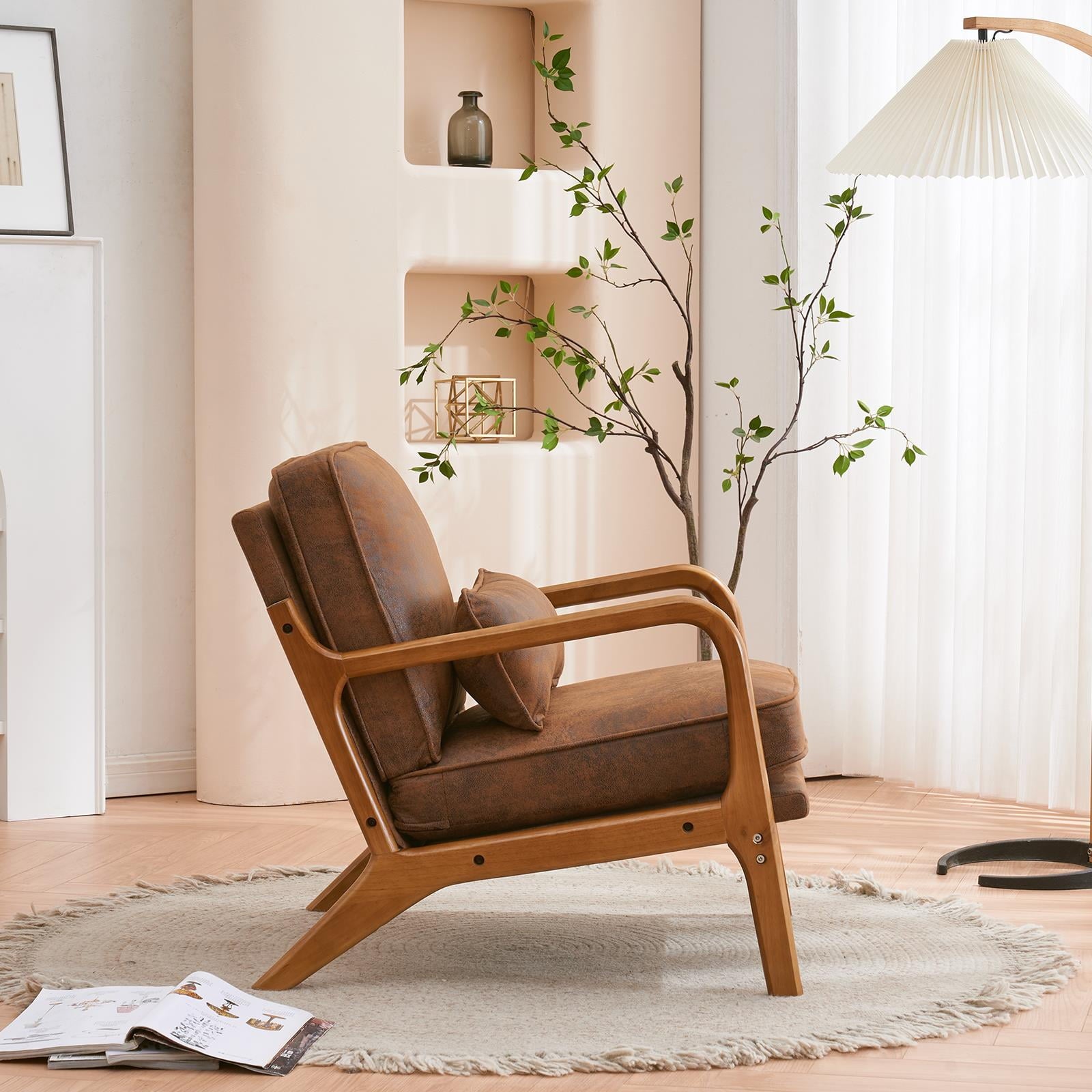 UBesGoo Modern Wood Club Chair Bronzing Cloth Fabric Upholstered Reading Accent Chair with Solid Wood Frame Brown