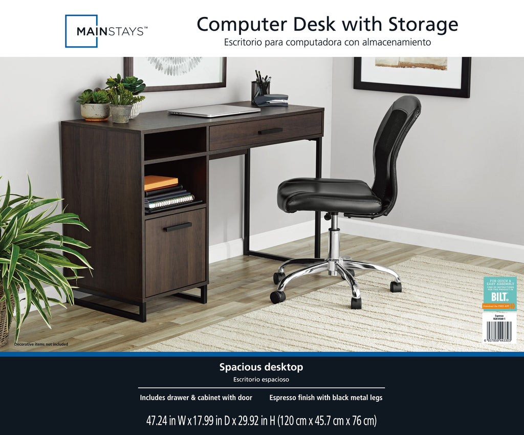Mainstays Wood & Metal Writing Desk with 1 Drawer and 1 Door for Teen Adult,29.92 in, Natural Finish.