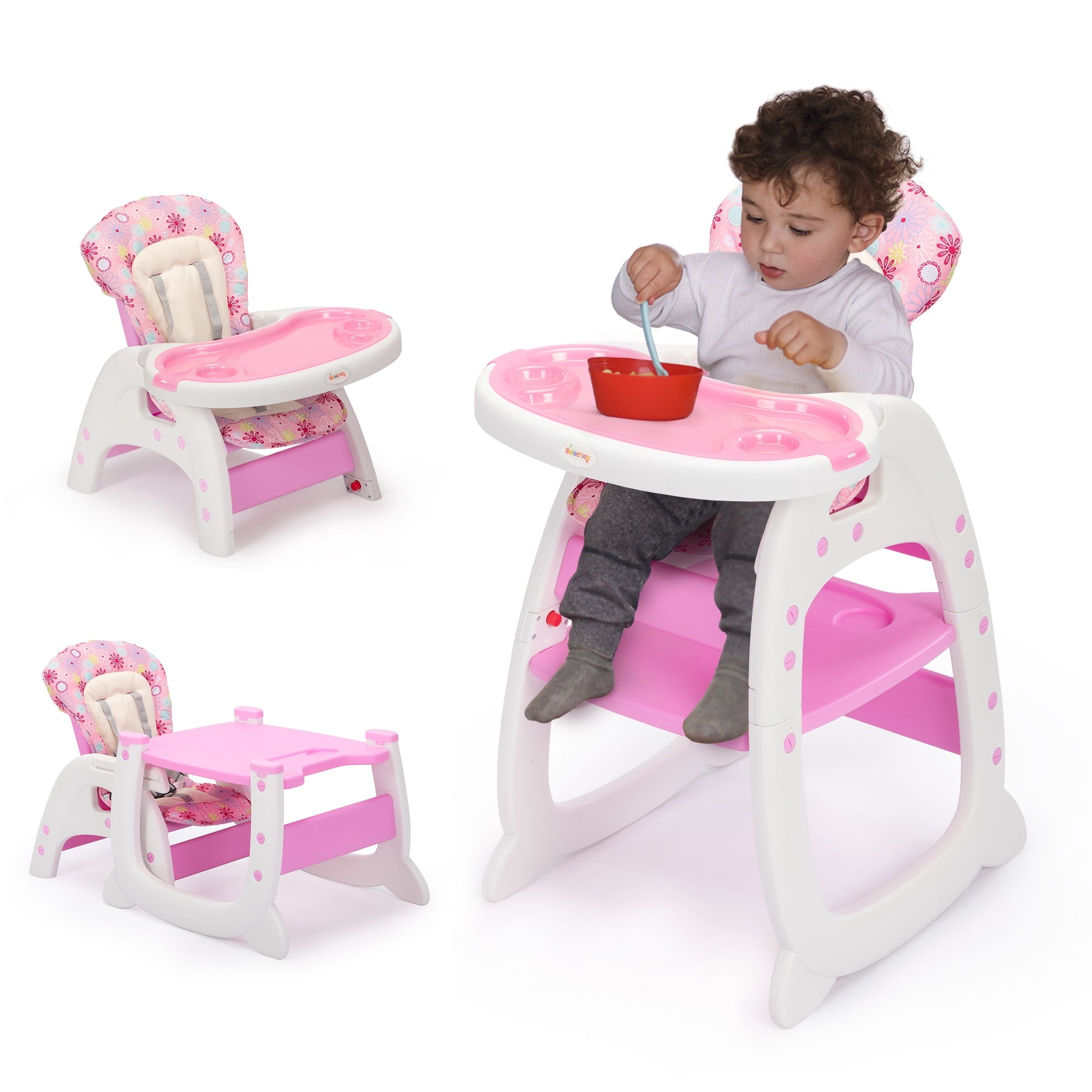 TOBBI 3 in 1 Baby High Chair Convertible Toddler Table Chair Set, Play Seat Booster with Feeding Tray, Adjustable Seat Back, Pink