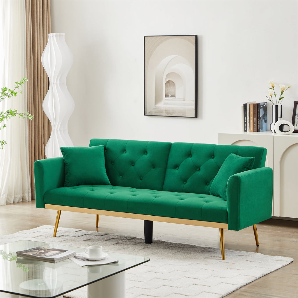 uhomepro Modern Futon, Velvet Sofa Bed, Mid Century Sofa with Metal Legs, 2 Pillows, Love Seat Living Room Furniture for Small Space Office, Beige