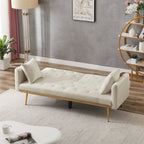uhomepro Modern Futon, Velvet Sofa Bed, Mid Century Sofa with Metal Legs, 2 Pillows, Love Seat Living Room Furniture for Small Space Office, Beige