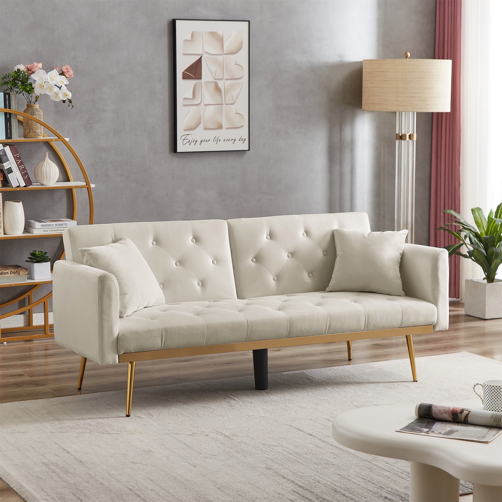 uhomepro Modern Futon, Velvet Sofa Bed, Mid Century Sofa with Metal Legs, 2 Pillows, Love Seat Living Room Furniture for Small Space Office, Beige