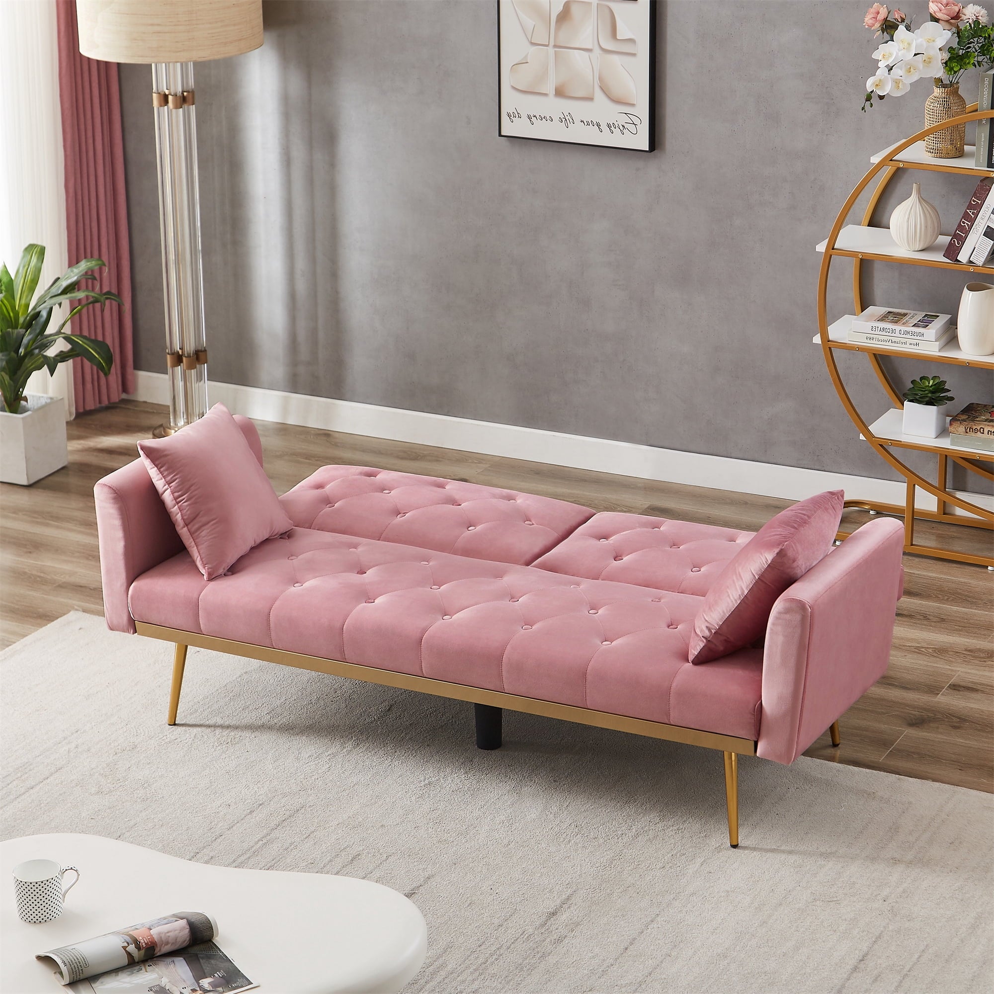 uhomepro Modern Futon, Velvet Sofa Bed, Mid Century Sofa with Metal Legs, 2 Pillows, Love Seat Living Room Furniture for Small Space Office, Beige
