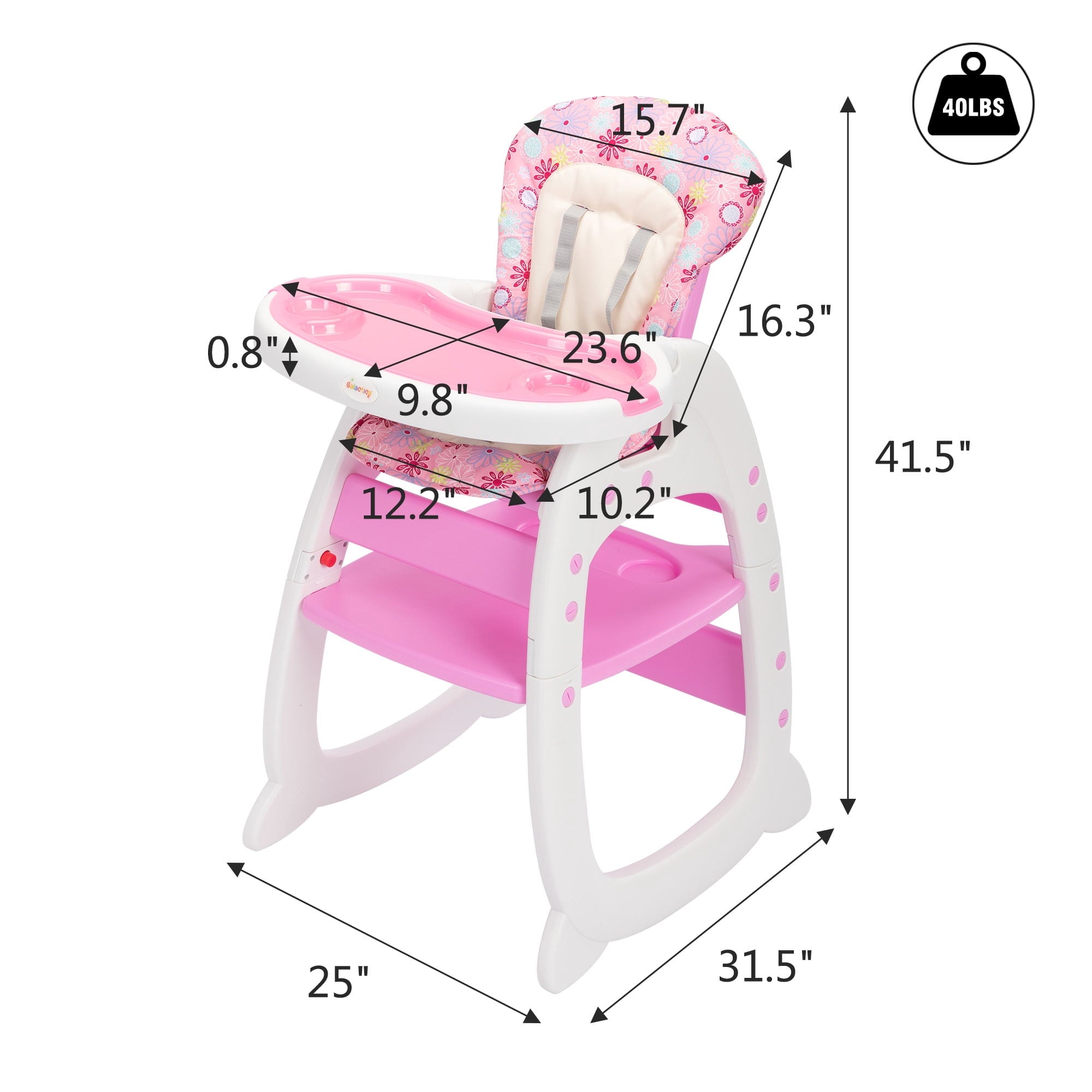 TOBBI 3 in 1 Baby High Chair Convertible Toddler Table Chair Set, Play Seat Booster with Feeding Tray, Adjustable Seat Back, Pink