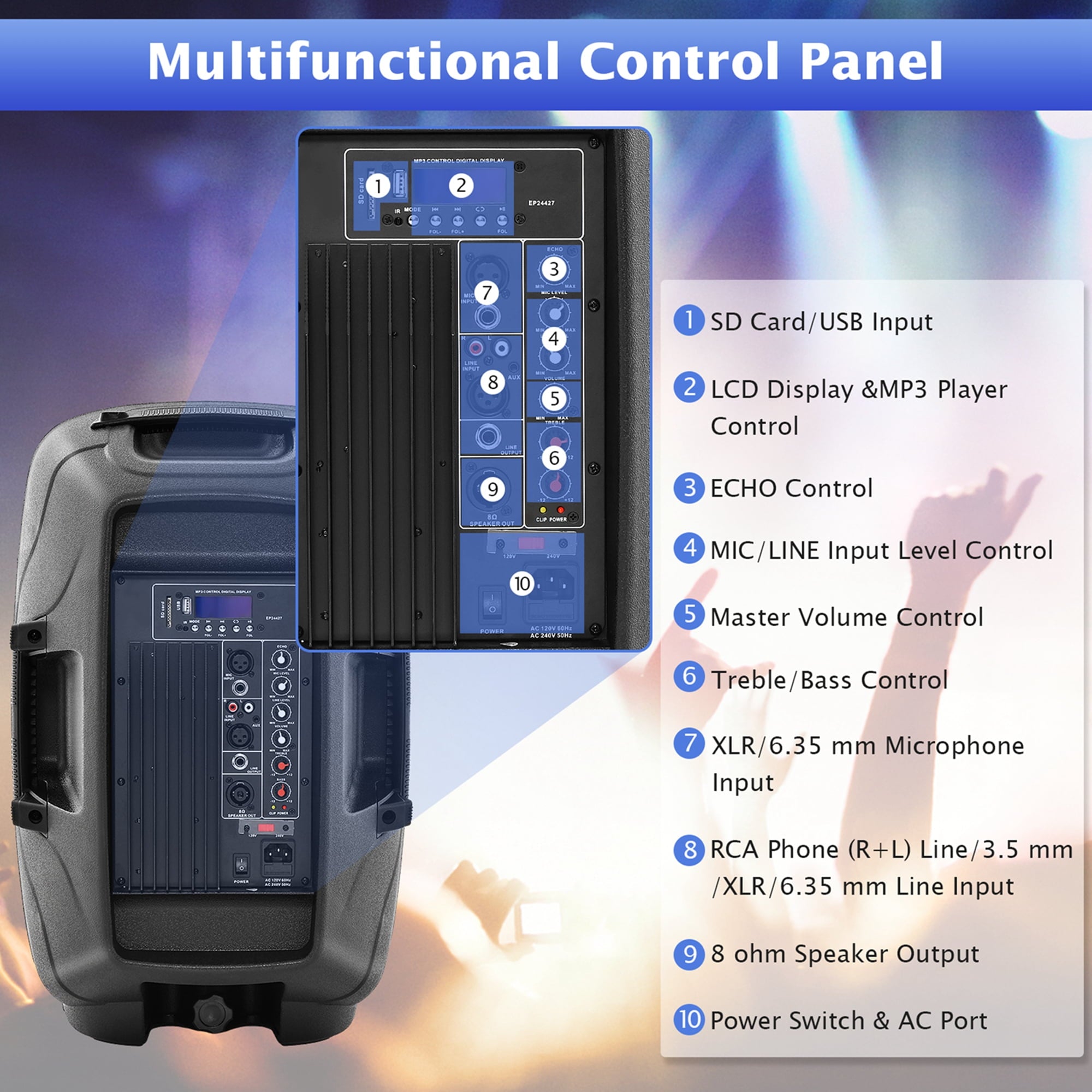 Costway Dual 12 in 2 way 2000W Powered Speakers with  Mic Speaker Stands Control Cables