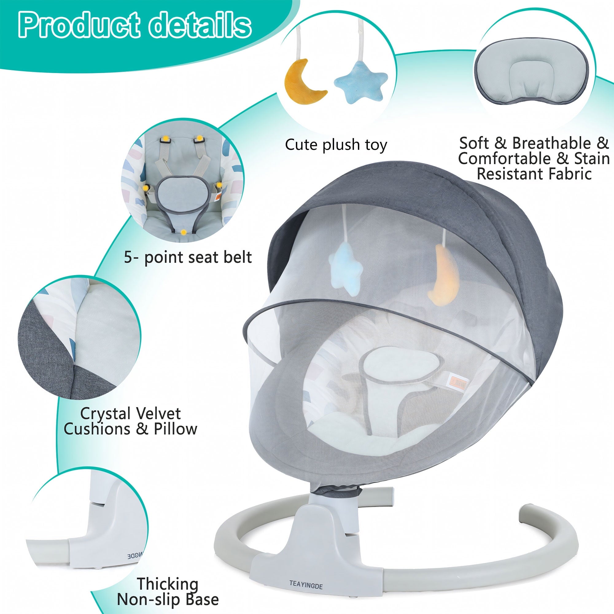 TEAYINGDE Baby Swing for Infants - APP Remote Bluetooth Control, 5 Speed Settings, 10 Lullabies, USB Plug (Gray)