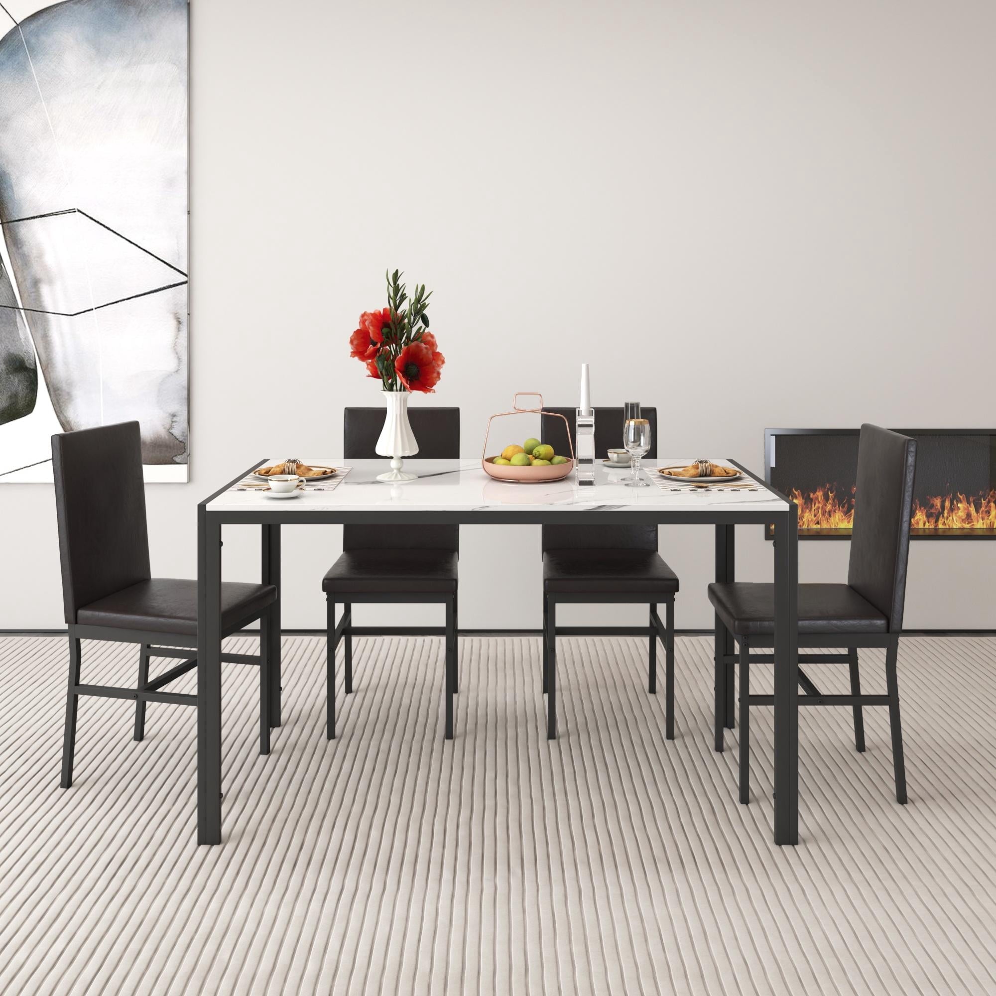Dining Table Set for 4,  Wood Dine Table with 4 Velvet Chairs, Modern Kitchen Table Set for Home, Breakfast Nook, Cafeteria Dining Room, JA4366