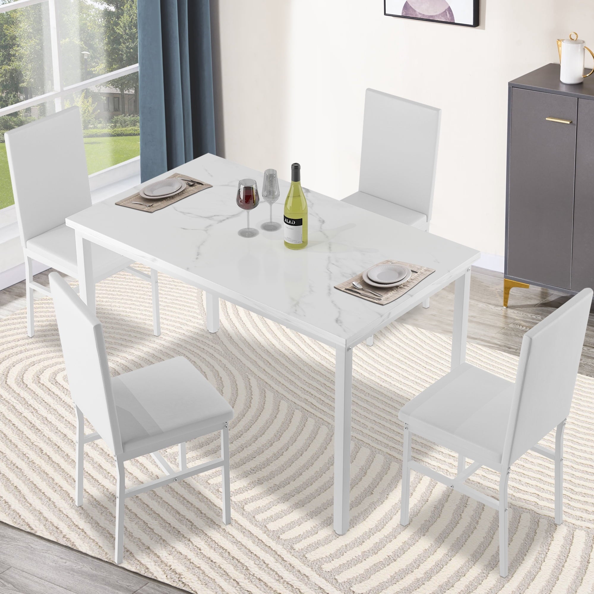 Dining Table Set for 4,  Wood Dine Table with 4 Velvet Chairs, Modern Kitchen Table Set for Home, Breakfast Nook, Cafeteria Dining Room, JA4366