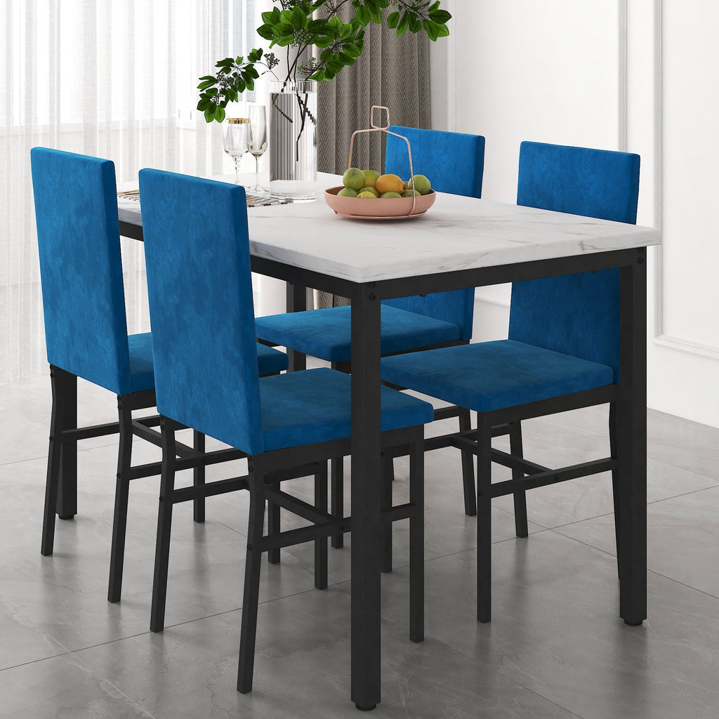 Dining Table Set for 4,  Wood Dine Table with 4 Velvet Chairs, Modern Kitchen Table Set for Home, Breakfast Nook, Cafeteria Dining Room, JA4366