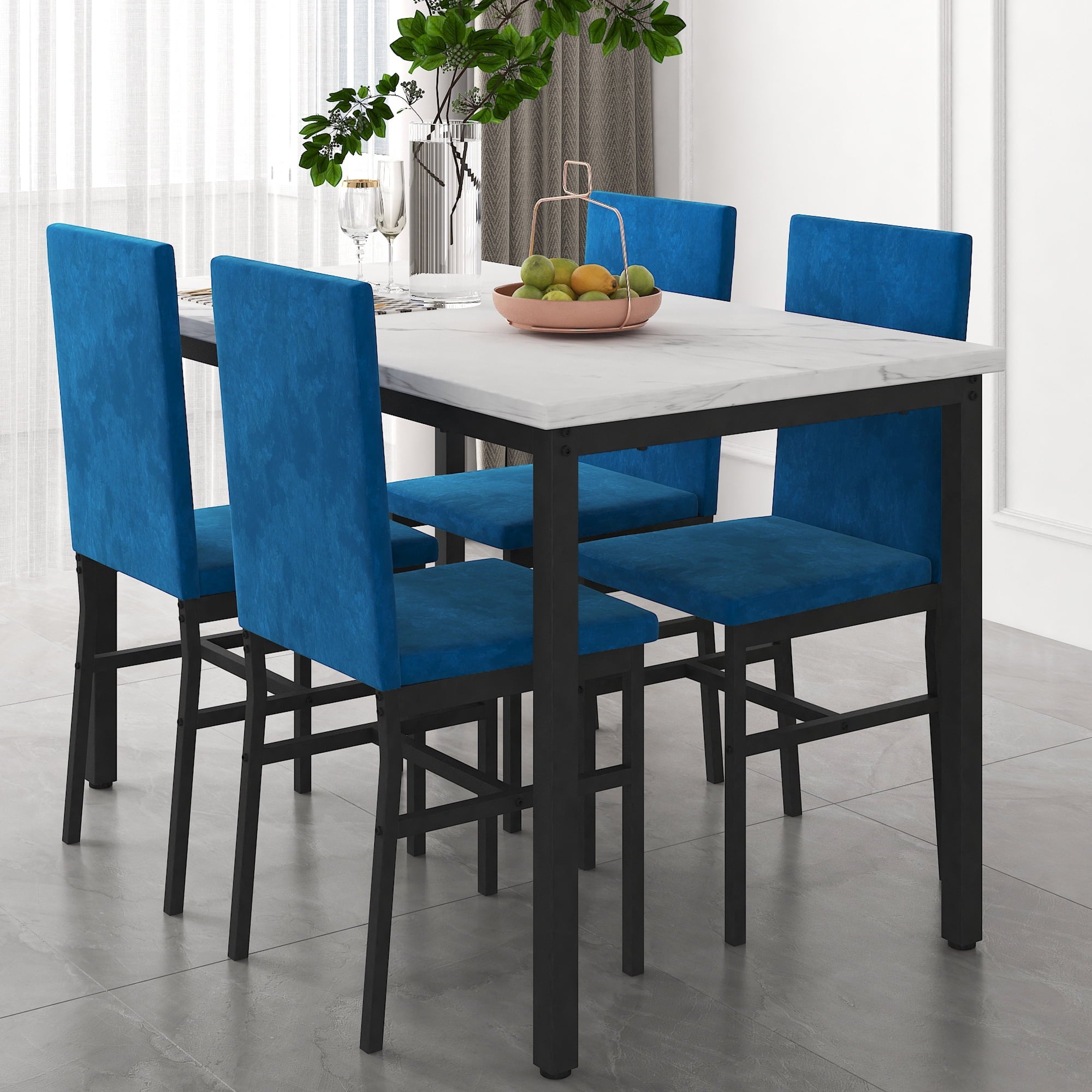 Dining Table Set for 4,  Wood Dine Table with 4 Velvet Chairs, Modern Kitchen Table Set for Home, Breakfast Nook, Cafeteria Dining Room, JA4366