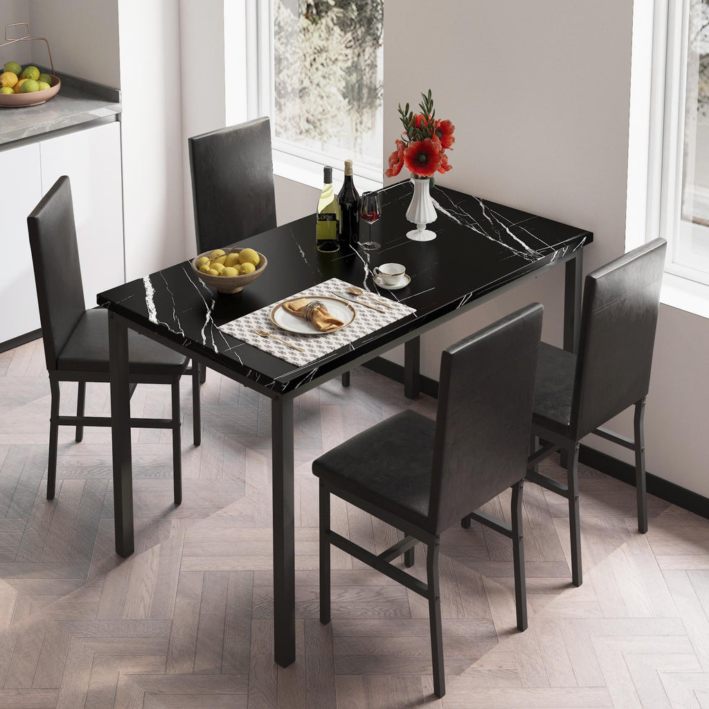 Dining Table Set for 4,  Wood Dine Table with 4 Velvet Chairs, Modern Kitchen Table Set for Home, Breakfast Nook, Cafeteria Dining Room, JA4366