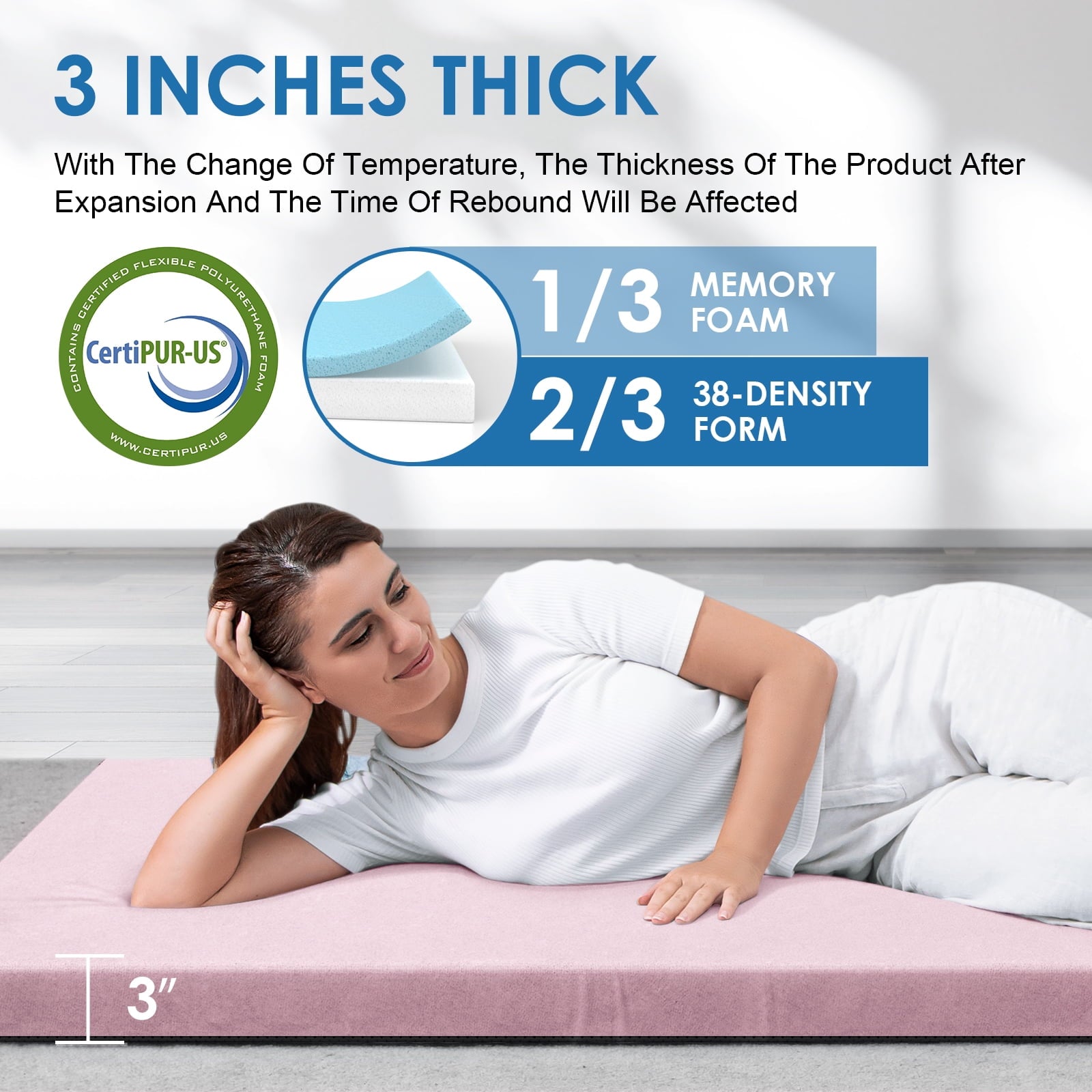 KingChii CertiPUR-US 3" Thick Memory Foam Mattress, Sleeping Bed for Kids Adults,Portable Roll up Sleeping Mats with Removable Waterproof Topper Travel Bag,TWIN/75*38*3 In