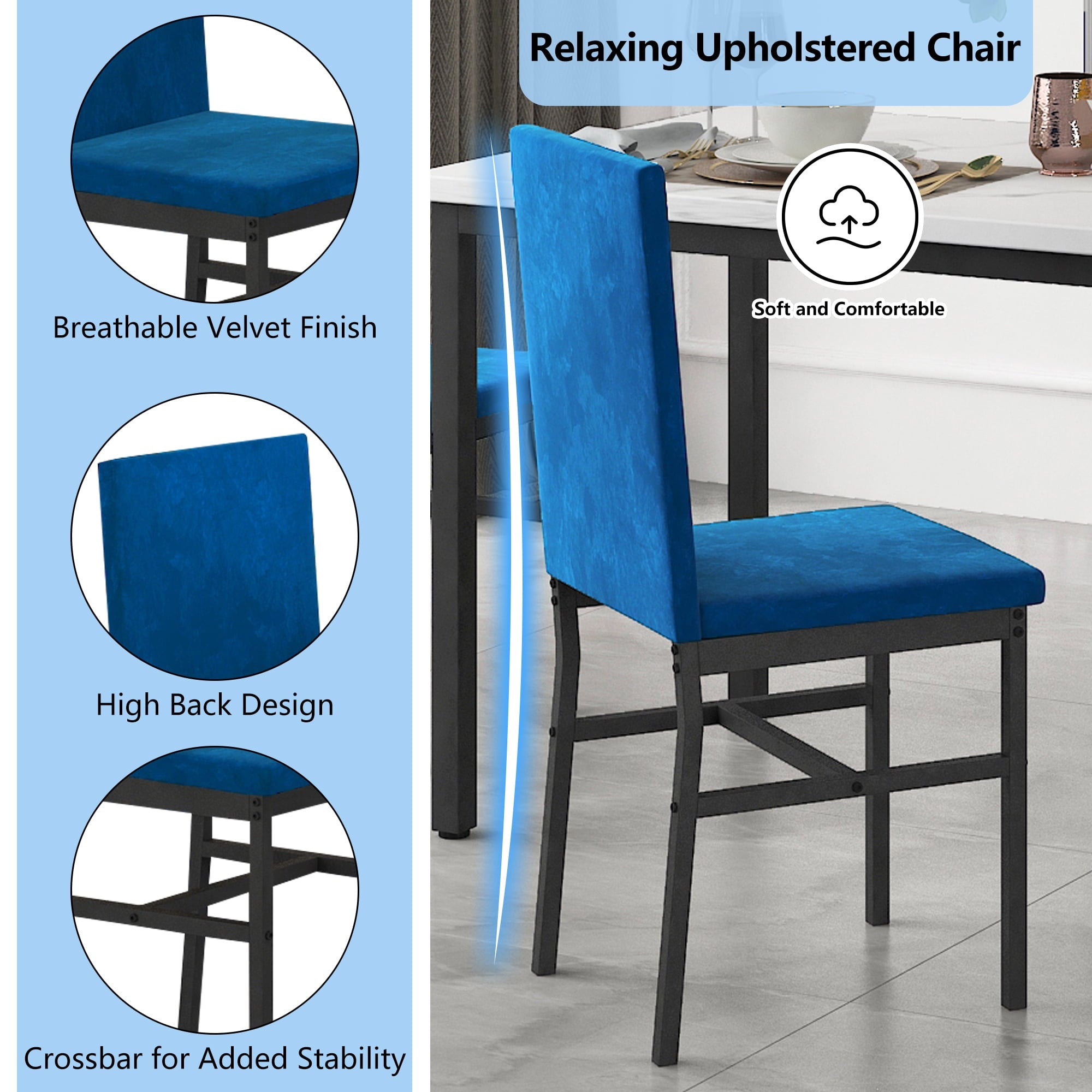 Dining Table Set for 4,  Wood Dine Table with 4 Velvet Chairs, Modern Kitchen Table Set for Home, Breakfast Nook, Cafeteria Dining Room, JA4366