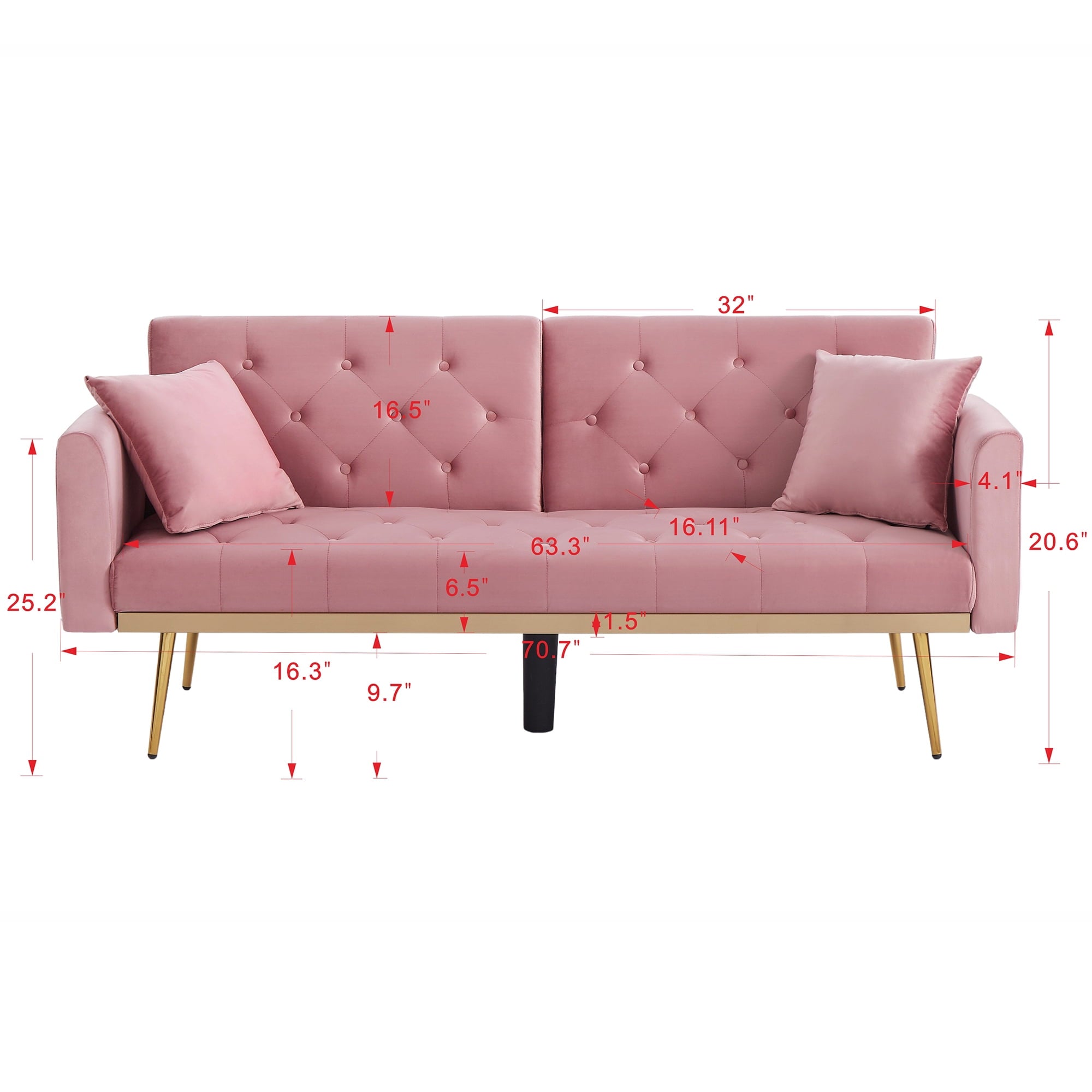 uhomepro Modern Futon, Velvet Sofa Bed, Mid Century Sofa with Metal Legs, 2 Pillows, Love Seat Living Room Furniture for Small Space Office, Beige