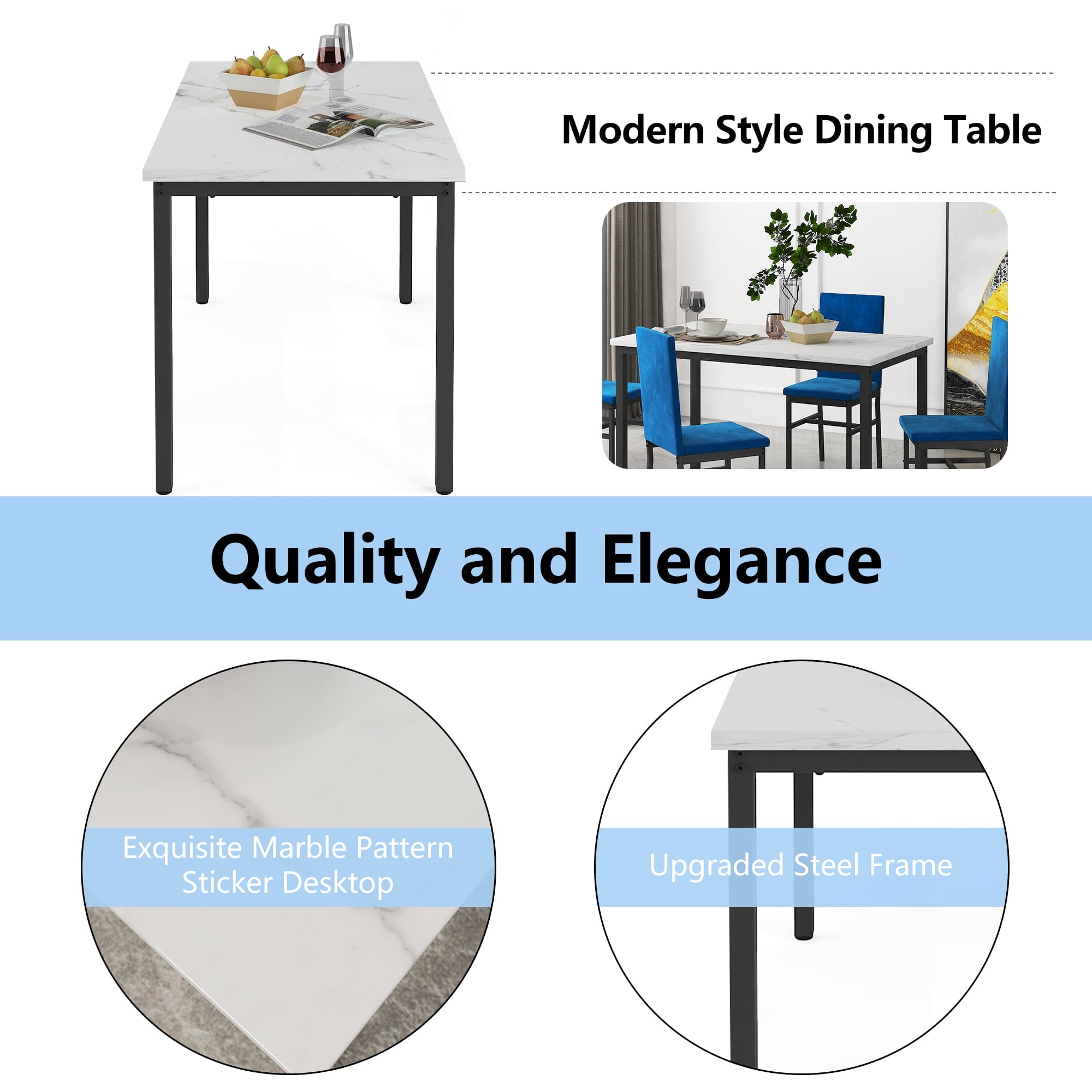 Dining Table Set for 4,  Wood Dine Table with 4 Velvet Chairs, Modern Kitchen Table Set for Home, Breakfast Nook, Cafeteria Dining Room, JA4366