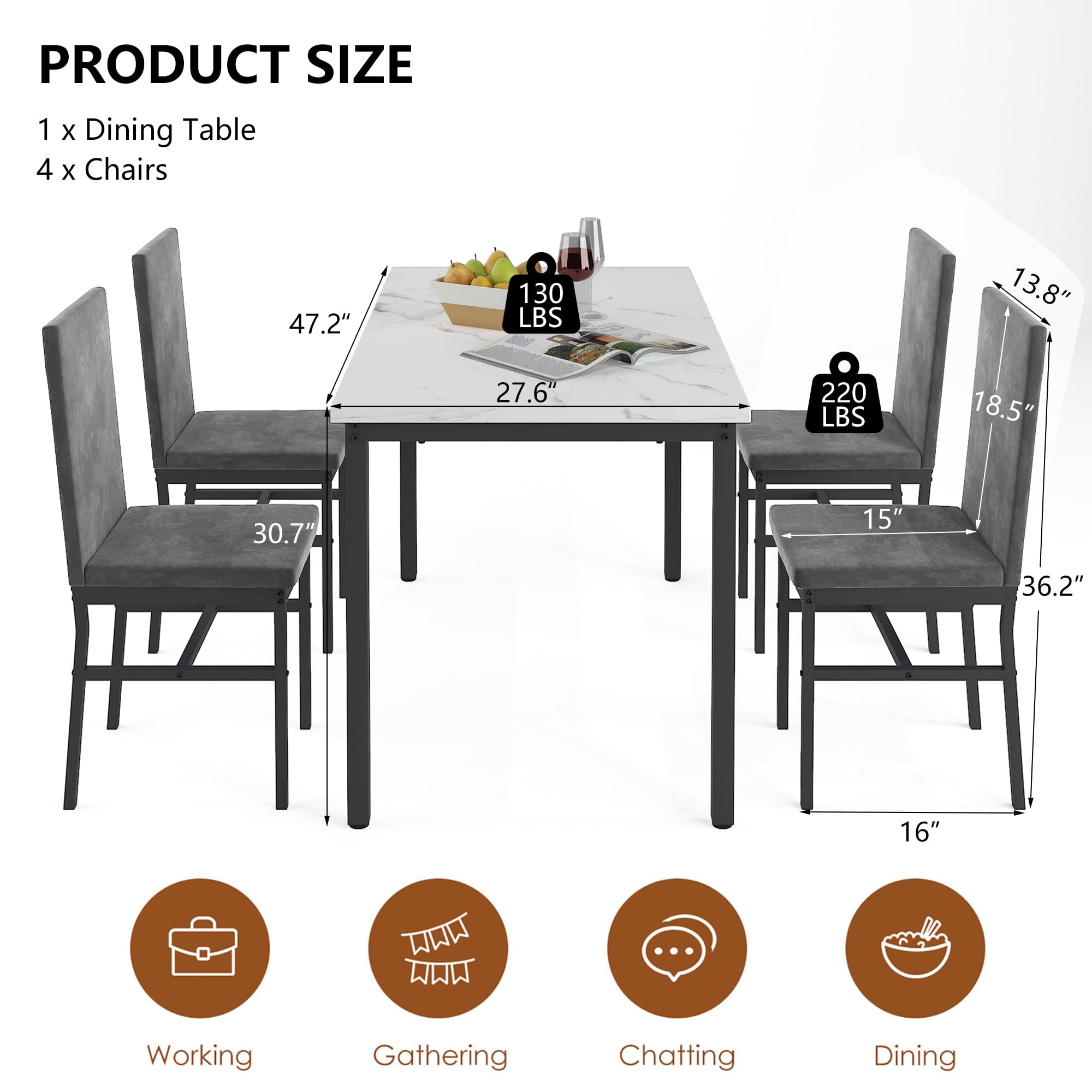 Dining Table Set for 4,  Wood Dine Table with 4 Velvet Chairs, Modern Kitchen Table Set for Home, Breakfast Nook, Cafeteria Dining Room, JA4366