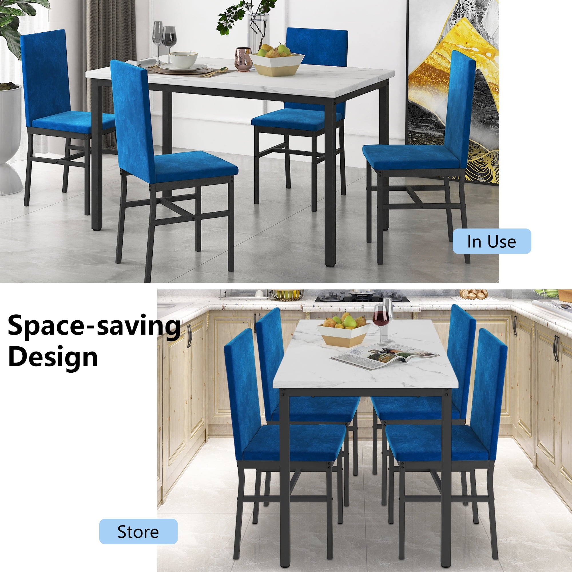 Dining Table Set for 4,  Wood Dine Table with 4 Velvet Chairs, Modern Kitchen Table Set for Home, Breakfast Nook, Cafeteria Dining Room, JA4366