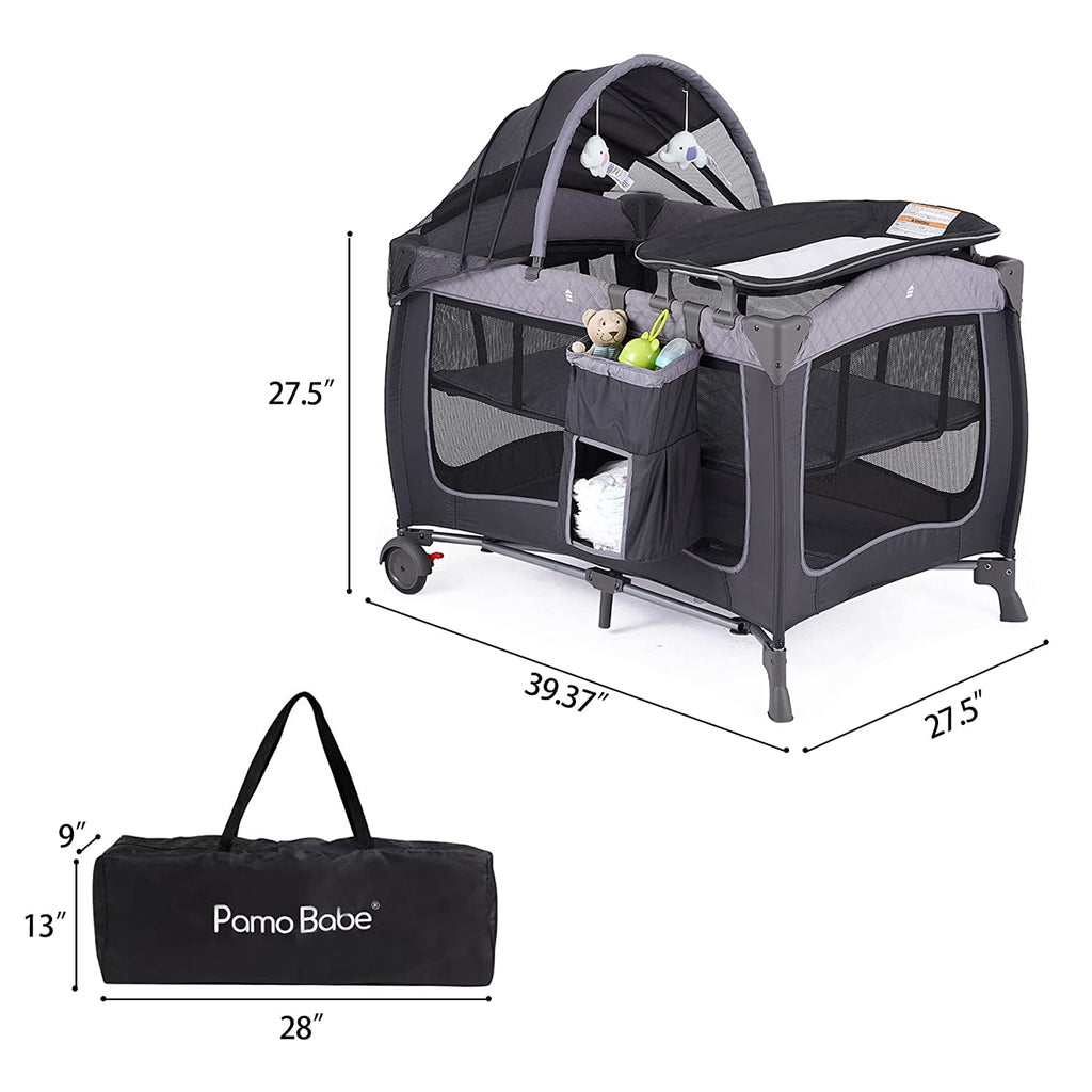 Pamo Babe Unisex Portable Baby Play Yard Include Wheels, Canopy, Changing Table for Newborn(Grey)