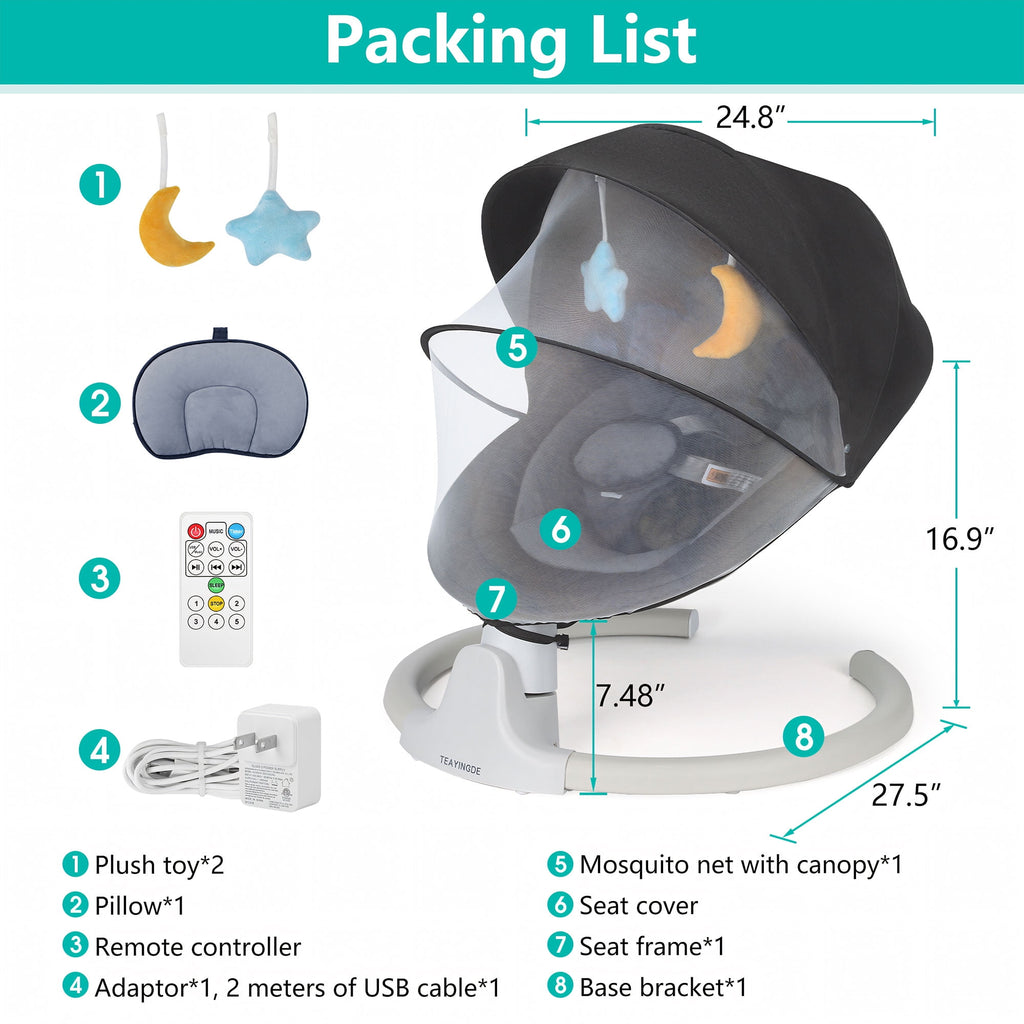 TEAYINGDE Baby Swing for Infants - APP Remote Bluetooth Control, 5 Speed Settings, 10 Lullabies, USB Plug (Gray)