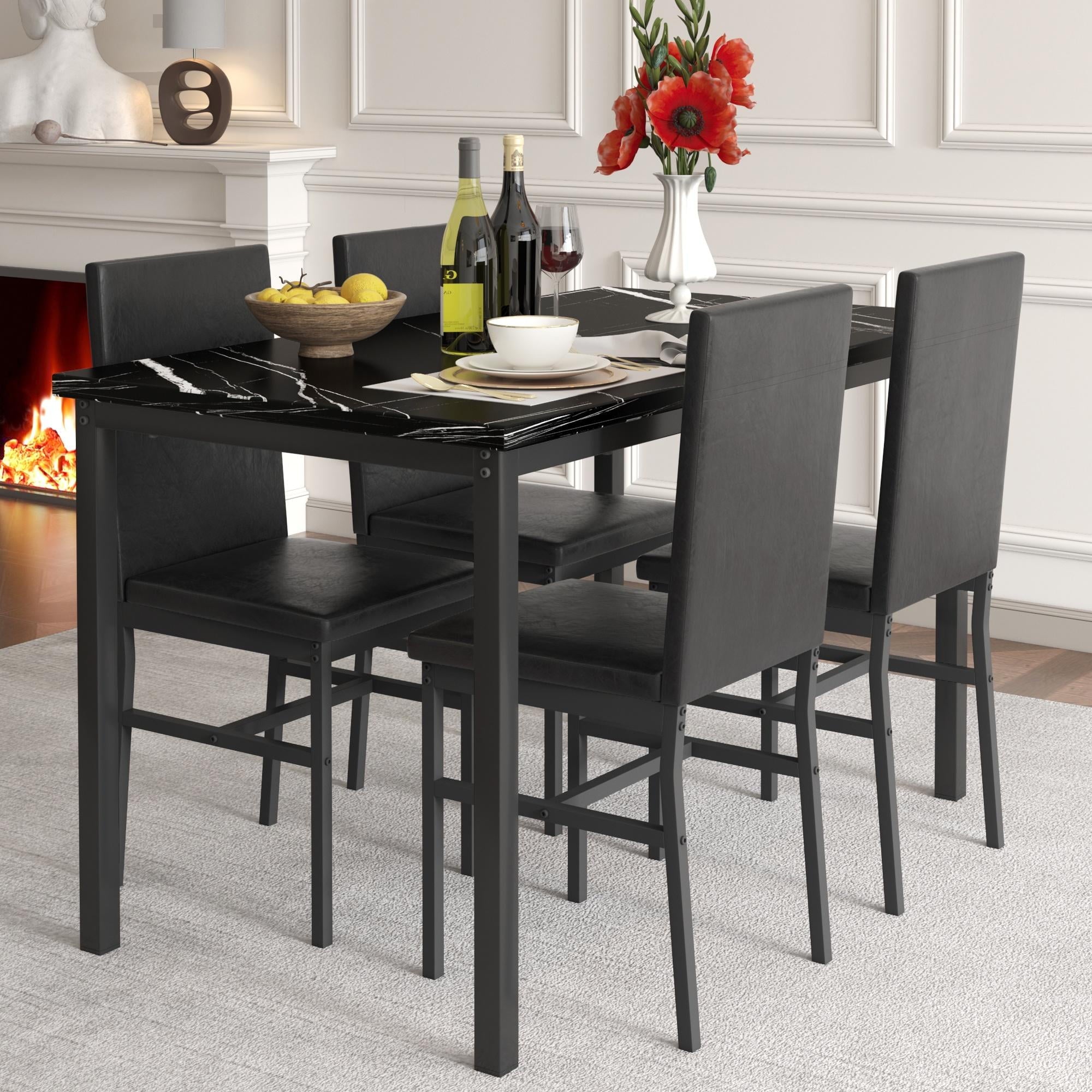 Dining Table Set for 4,  Wood Dine Table with 4 Velvet Chairs, Modern Kitchen Table Set for Home, Breakfast Nook, Cafeteria Dining Room, JA4366