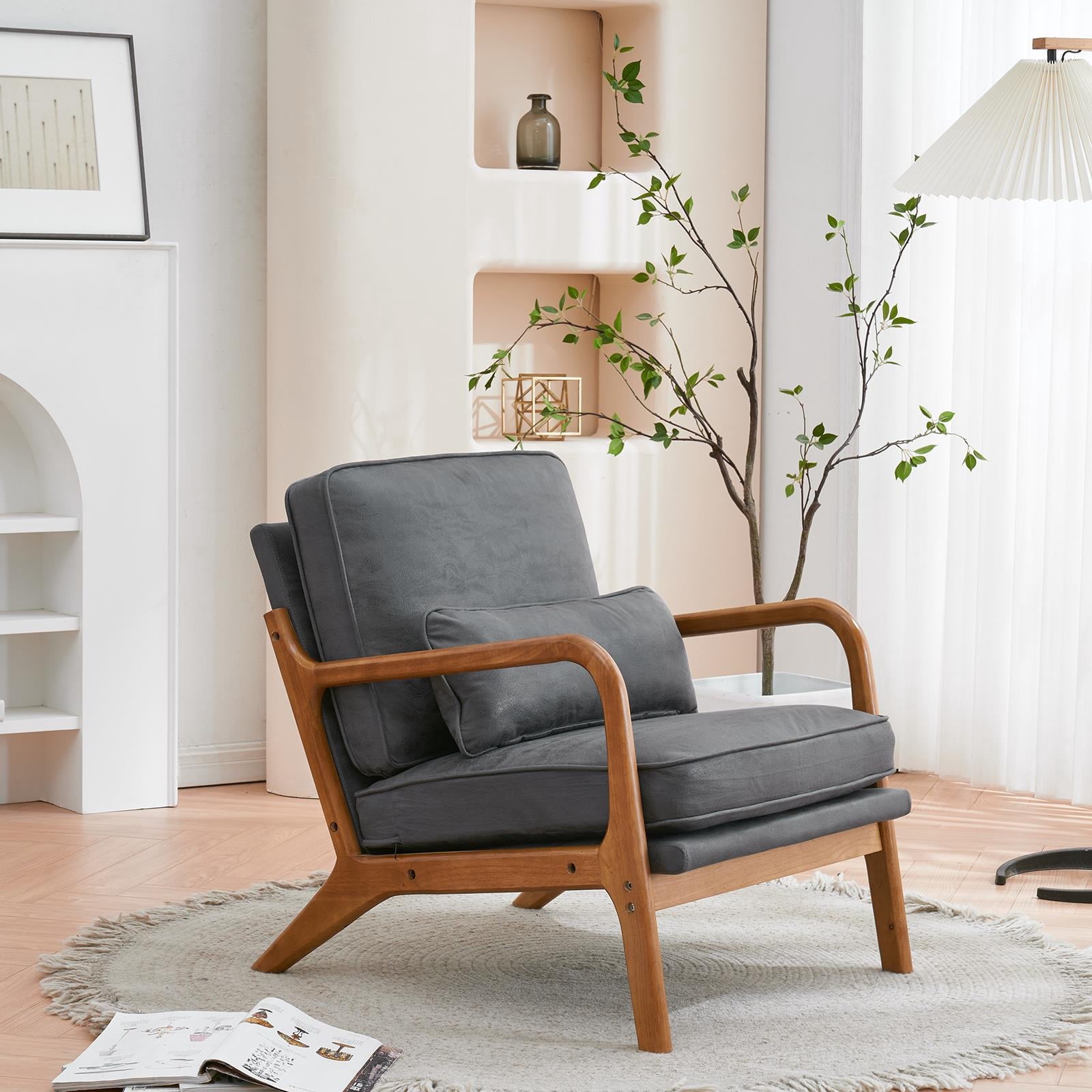 UBesGoo Modern Wood Club Chair Bronzing Cloth Fabric Upholstered Reading Accent Chair with Solid Wood Frame Brown