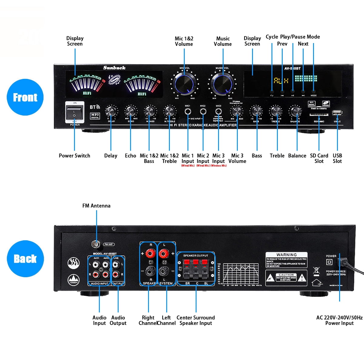 Sunbuck 4000W Surround Sound Bluetooth Audio Power Amplifiers Receiver for Home Stereo Theater System