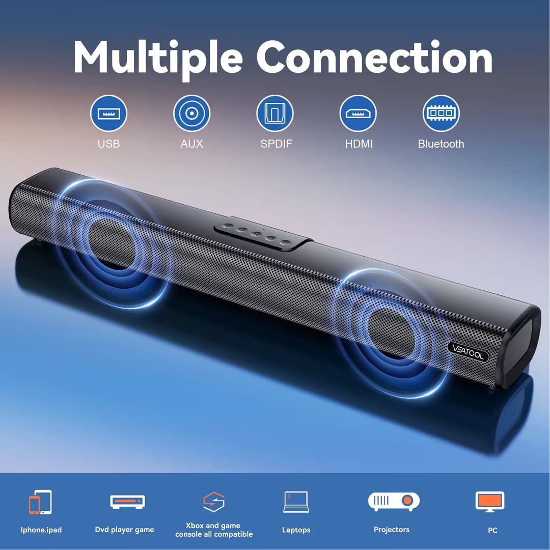 VEAT00L 2.1ch Sound Bars for TV, Soundbar with Subwoofer, Wired & Wireless Bluetooth 5.0 3D Surround Speakers, Optical/HDMI/AUX/RCA/USB Connection, Wall Mountable, Remote Control
