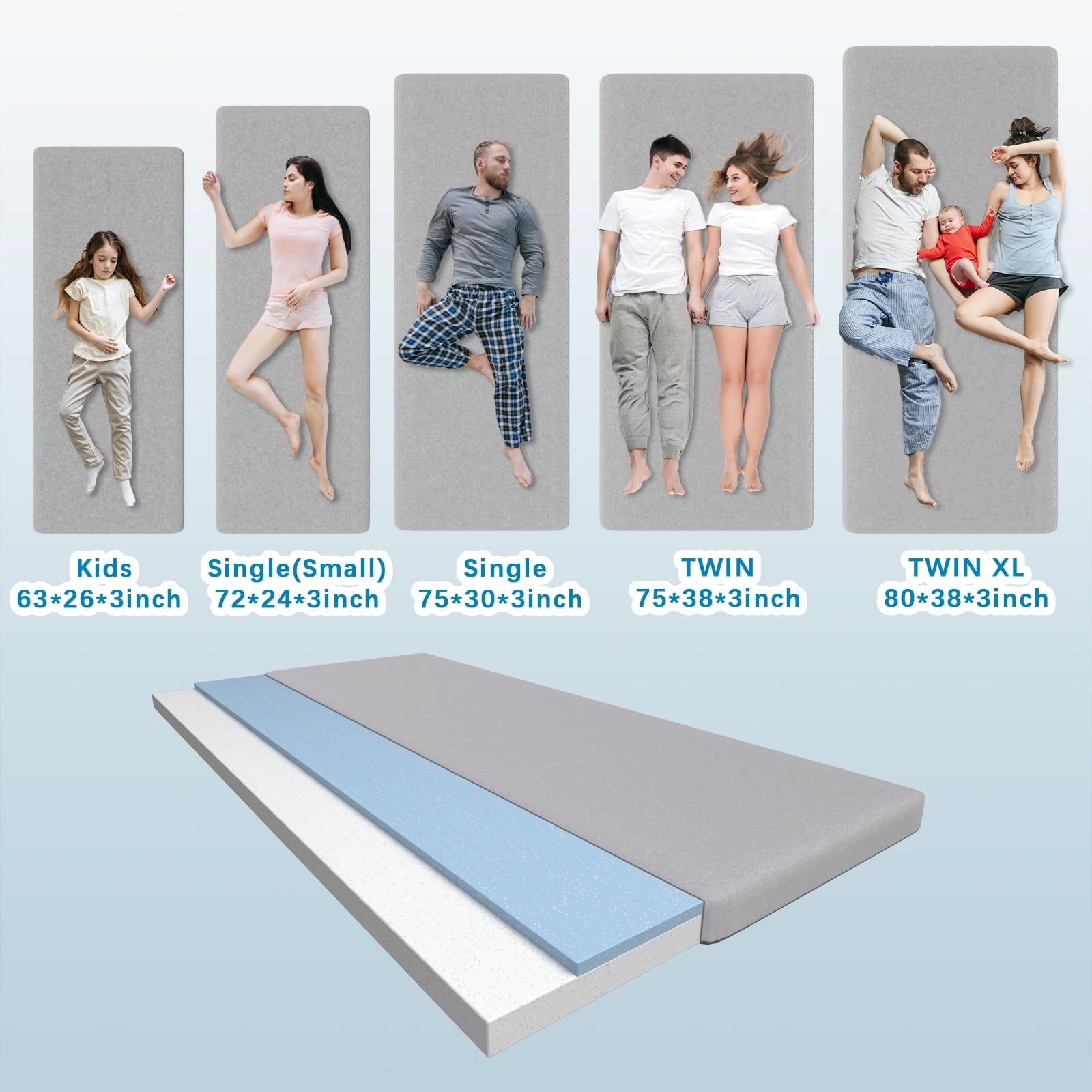 KingChii CertiPUR-US 3" Thick Memory Foam Mattress, Sleeping Bed for Kids Adults,Portable Roll up Sleeping Mats with Removable Waterproof Topper Travel Bag,TWIN/75*38*3 In