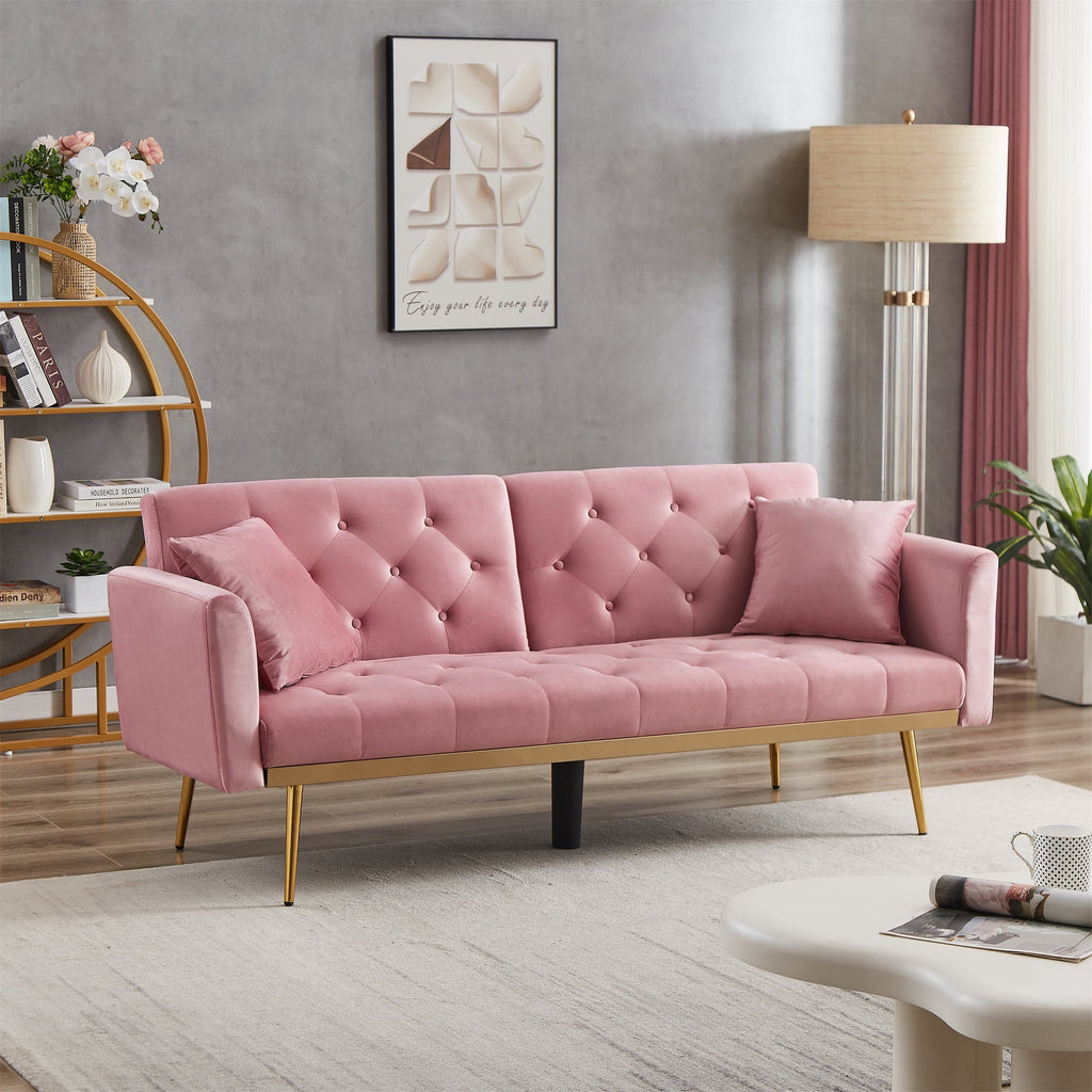 uhomepro Modern Futon, Velvet Sofa Bed, Mid Century Sofa with Metal Legs, 2 Pillows, Love Seat Living Room Furniture for Small Space Office, Beige