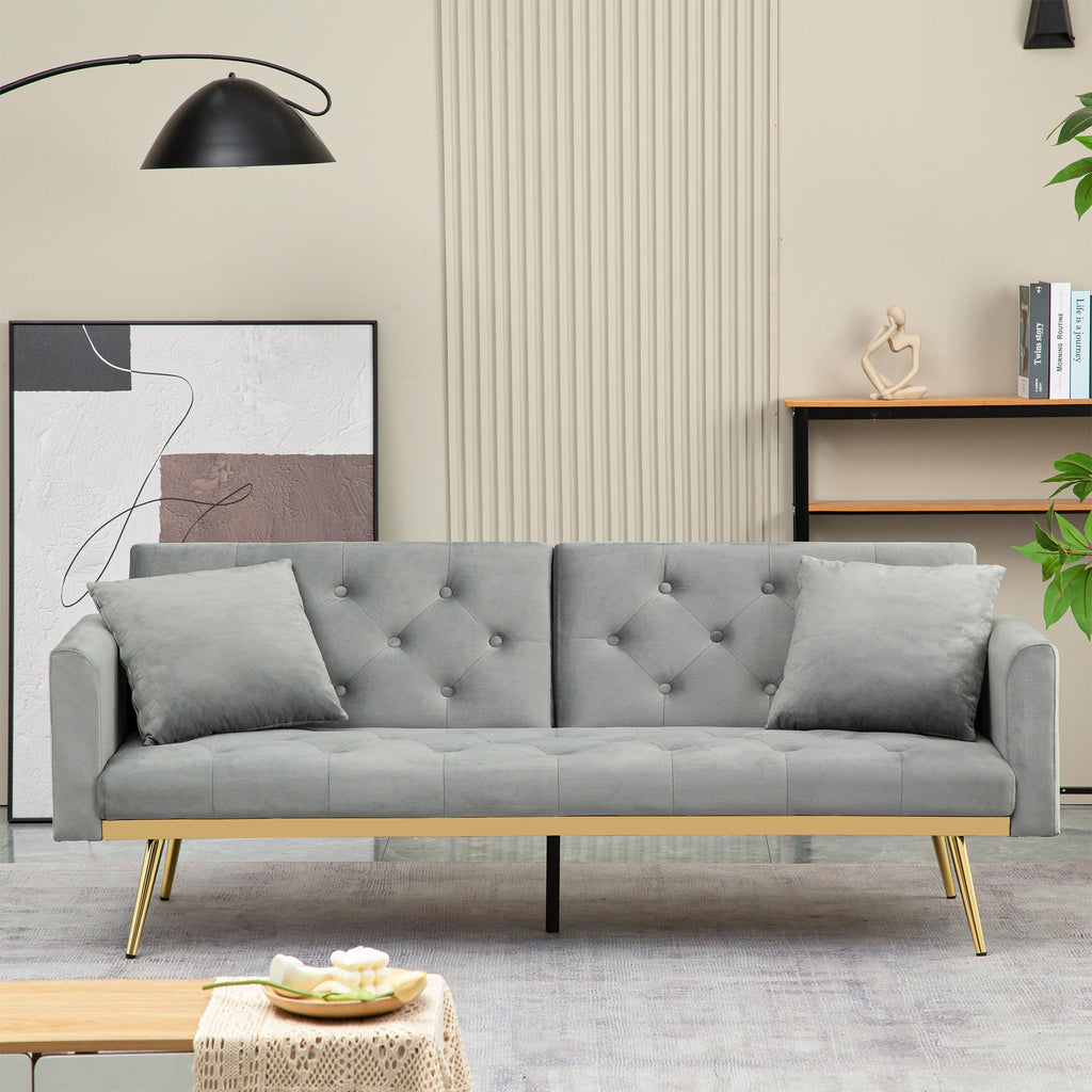 uhomepro Modern Futon, Velvet Sofa Bed, Mid Century Sofa with Metal Legs, 2 Pillows, Love Seat Living Room Furniture for Small Space Office, Beige