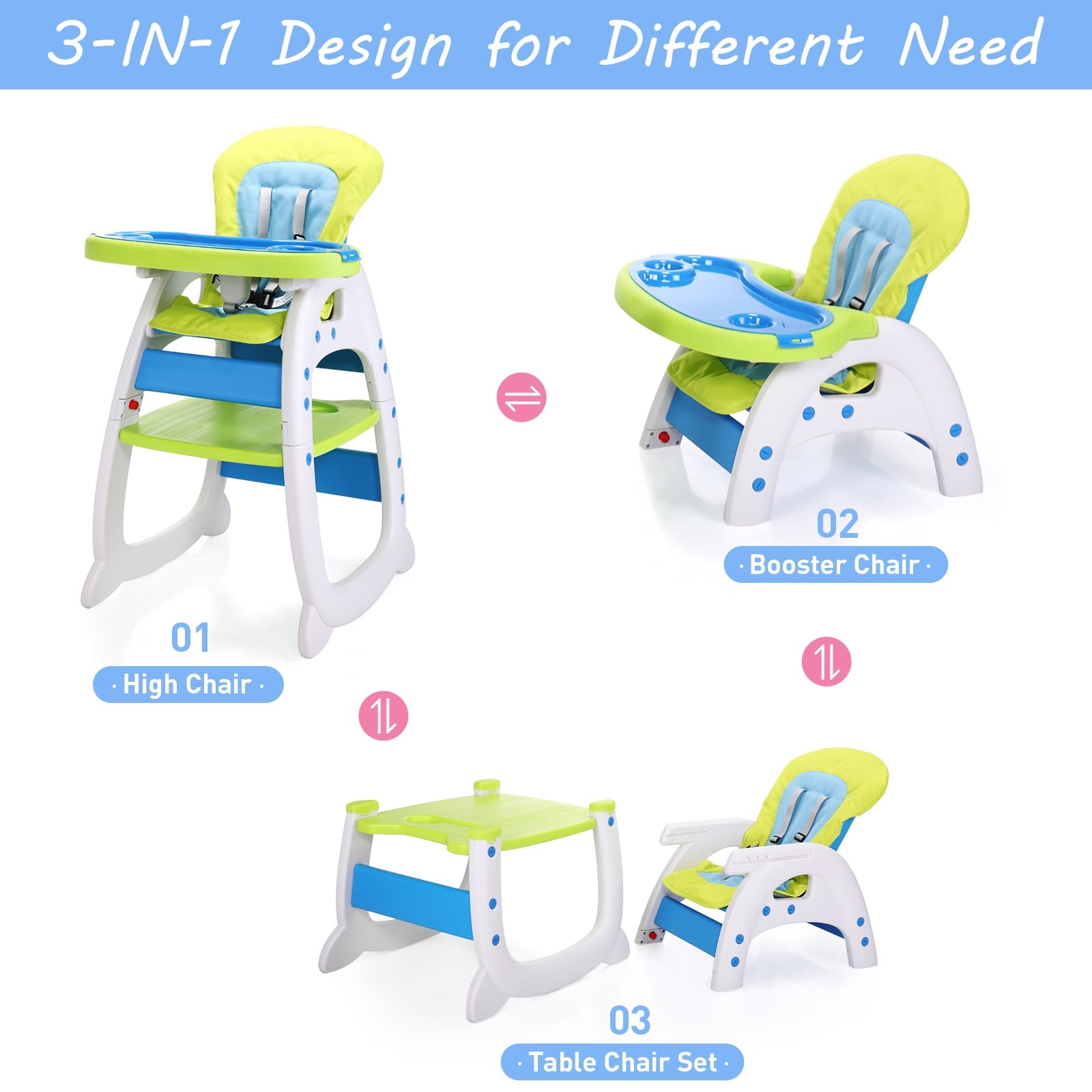 TOBBI 3 in 1 Baby High Chair Convertible Toddler Table Chair Set, Play Seat Booster with Feeding Tray, Adjustable Seat Back, Pink