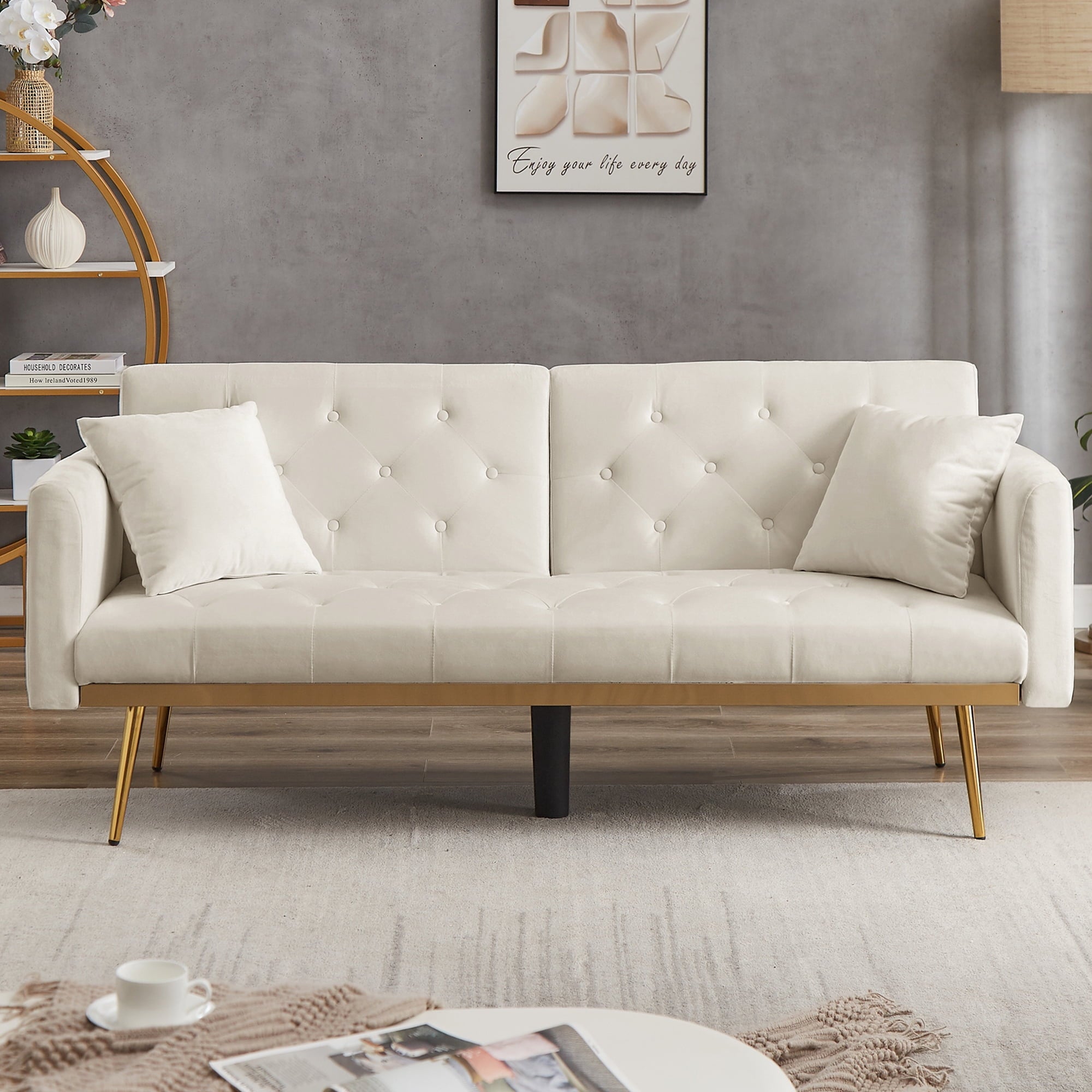 uhomepro Modern Futon, Velvet Sofa Bed, Mid Century Sofa with Metal Legs, 2 Pillows, Love Seat Living Room Furniture for Small Space Office, Beige