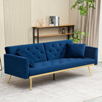 uhomepro Modern Futon, Velvet Sofa Bed, Mid Century Sofa with Metal Legs, 2 Pillows, Love Seat Living Room Furniture for Small Space Office, Beige