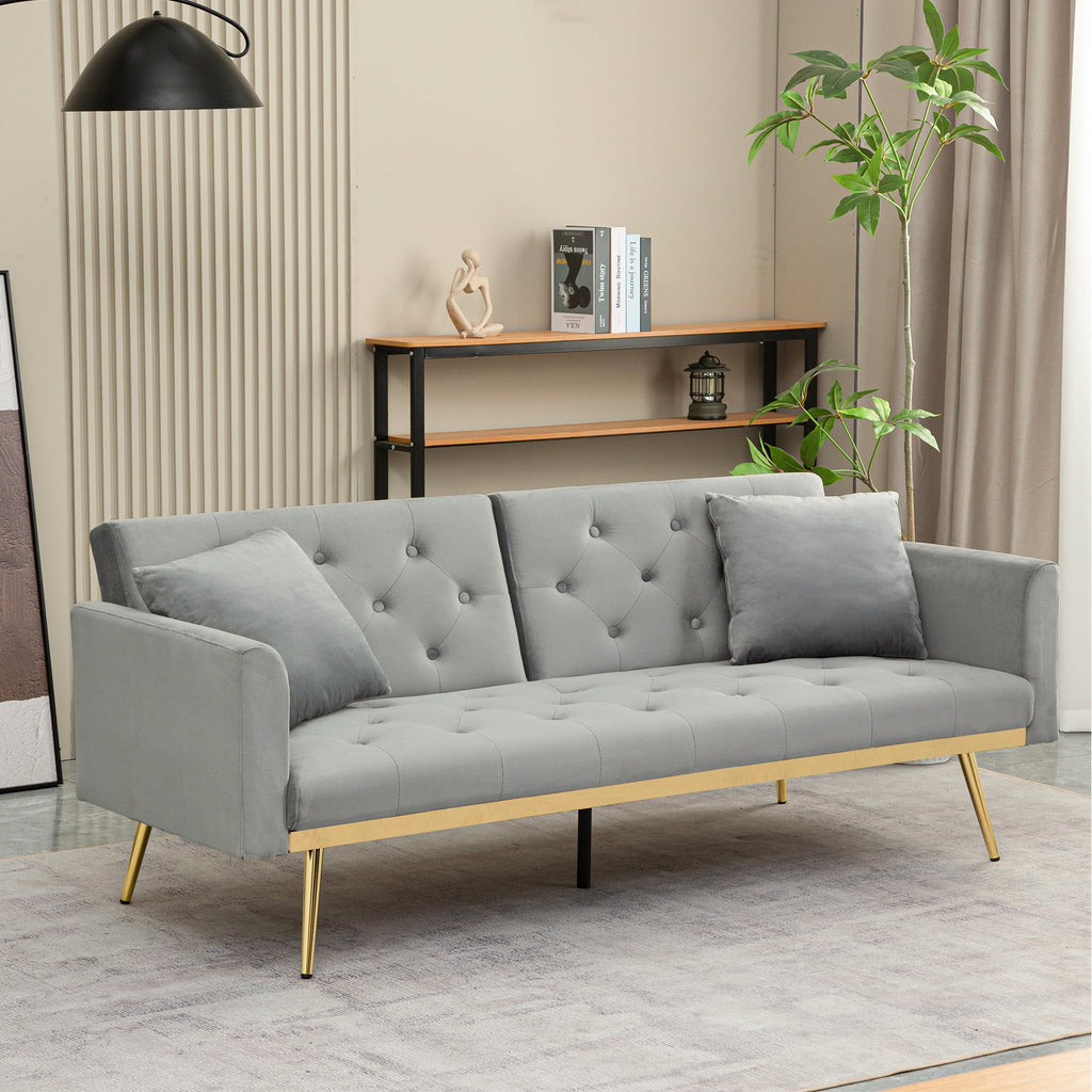 uhomepro Modern Futon, Velvet Sofa Bed, Mid Century Sofa with Metal Legs, 2 Pillows, Love Seat Living Room Furniture for Small Space Office, Beige