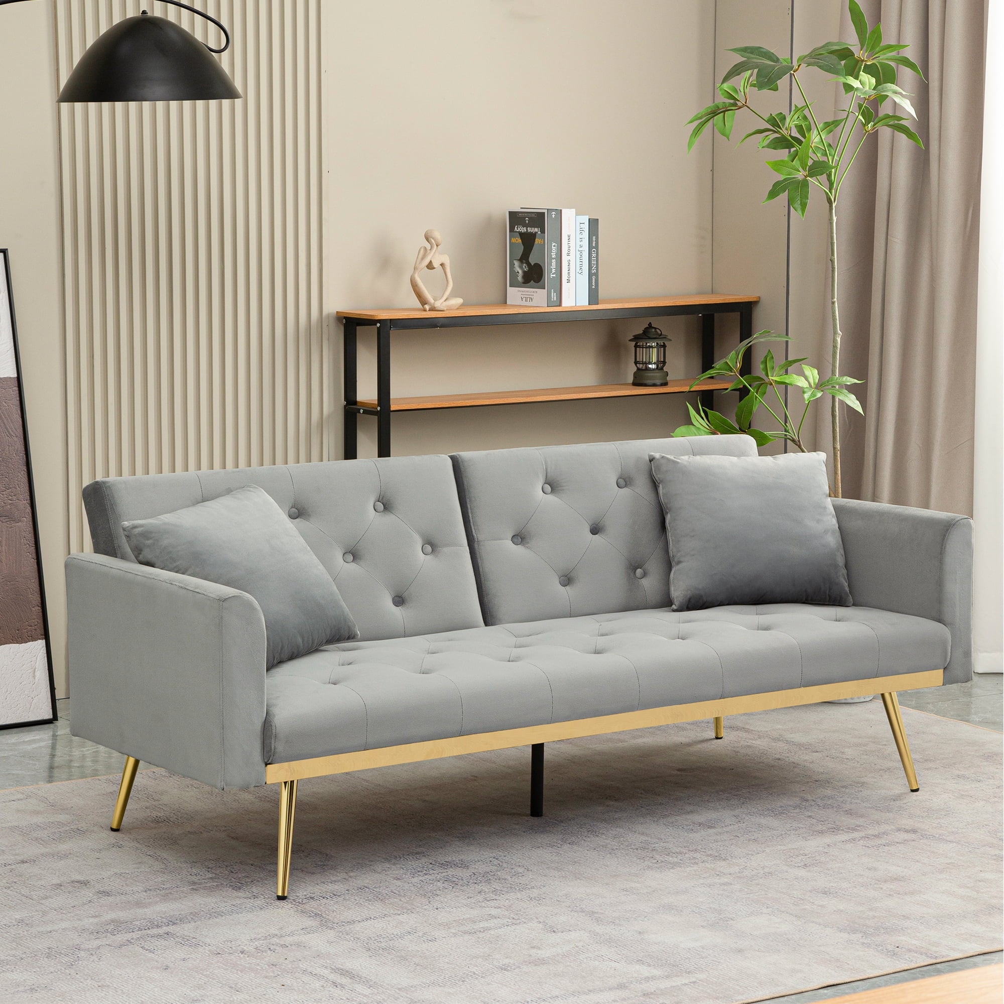 uhomepro Modern Futon, Velvet Sofa Bed, Mid Century Sofa with Metal Legs, 2 Pillows, Love Seat Living Room Furniture for Small Space Office, Beige